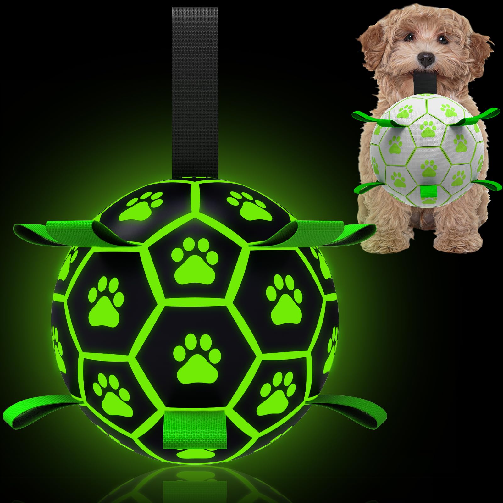 Qdan Glow In The Dark Dog Toys, Interactive Light Up Dog Balls, Outdoor Dog Soccer Ball With Straps, Dog Tug Toys For Small & Medium Dogs, Puppy Birthday Gifts（6 Inch）