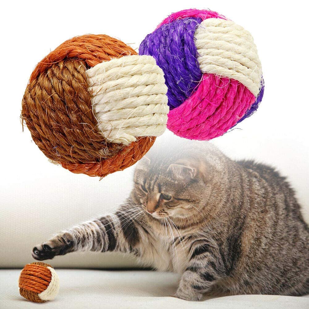 Kittupet 3 Pieces Cat Toy Ball Cat Sisal Ball Interactive Cat Ball Cat Rolling Ball Scratch Cat Toy (Random Color)