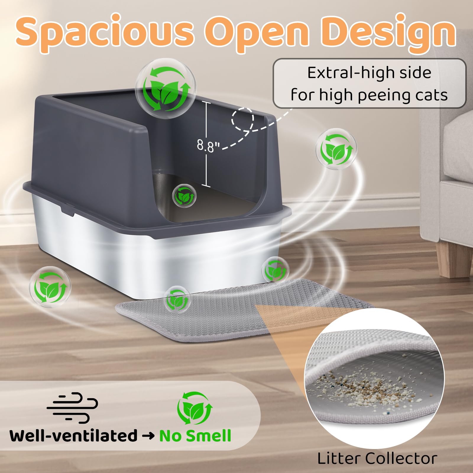 Outvita Enclosed Stainless Steel Cat Litter Box With Lid, Xl Metal Litter Box With Mat And Scoop, High Side To Prevent Spills, N