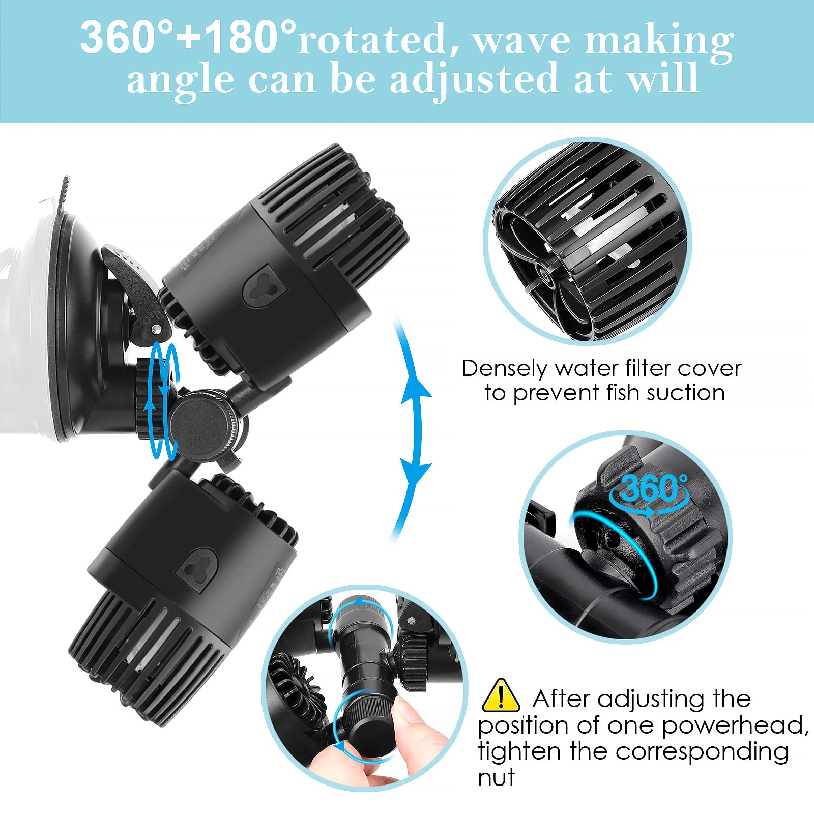 Aqqa Aquarium Wave Maker,8W/12W/20W/25W Suction Cup Fish Tank Double Powerhead Pump,110V/60Hz Ultra Quiet Submersible Circulatio