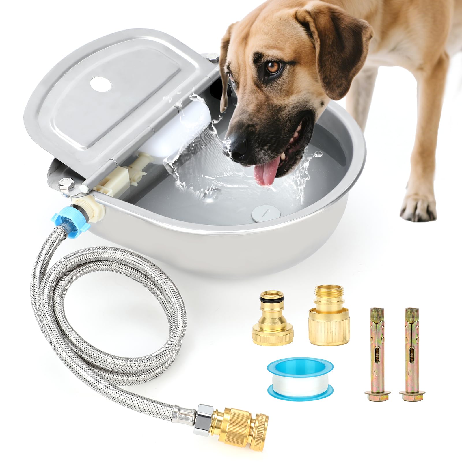 FHTONGE 304 Stainless Steel Automatic Water Dispenser with Drainage for Outdoor Big Dog, Large Auto Fill Dog Waterer Float Valve