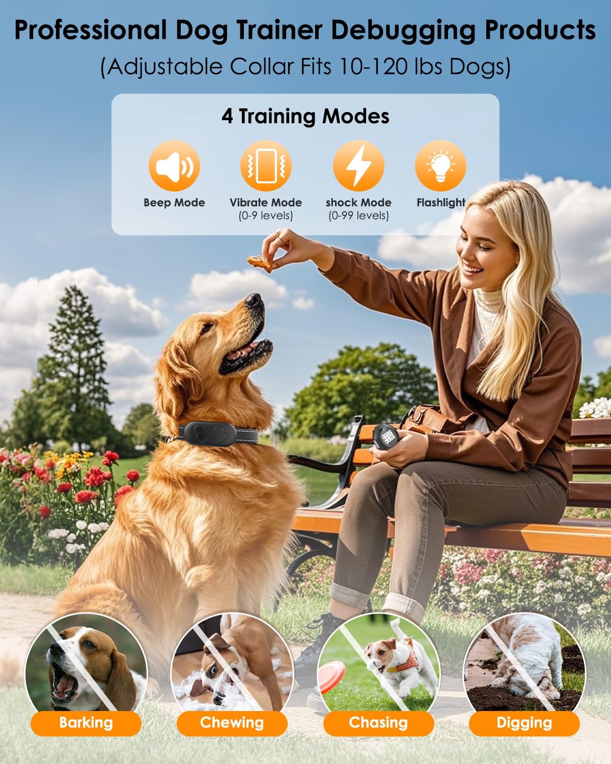 DDZ Dog Shock Collar with Remote Control, Waterproof, Beep & Vibration, Fits Dogs 10-120 lbs, Black, Model P21