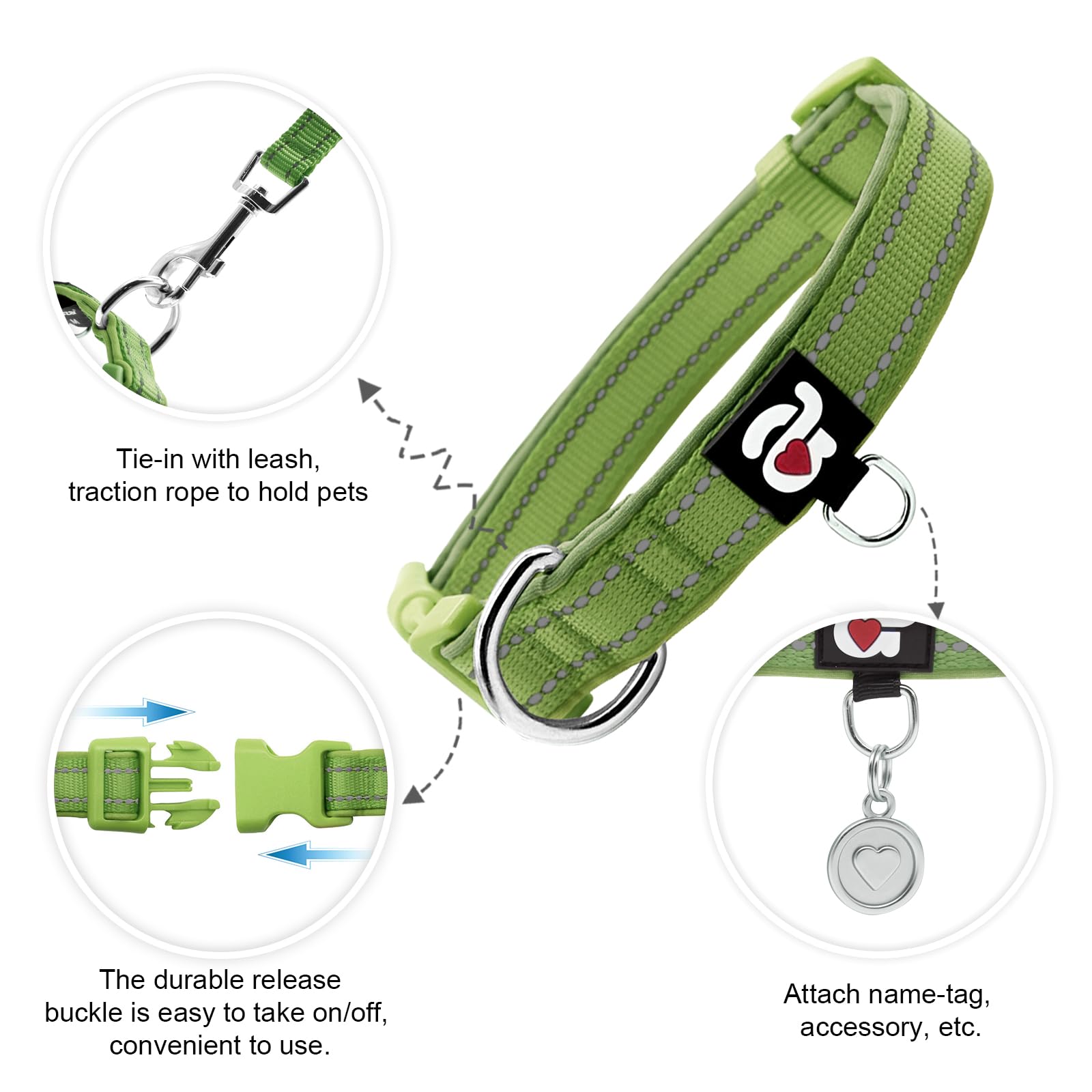 Azuza Reflective Dog Collar, Soft Neoprene Padded Pet Collar With Id Tag Ring, Adjustable For Puppy And Small Dogs,Army Green,Xs