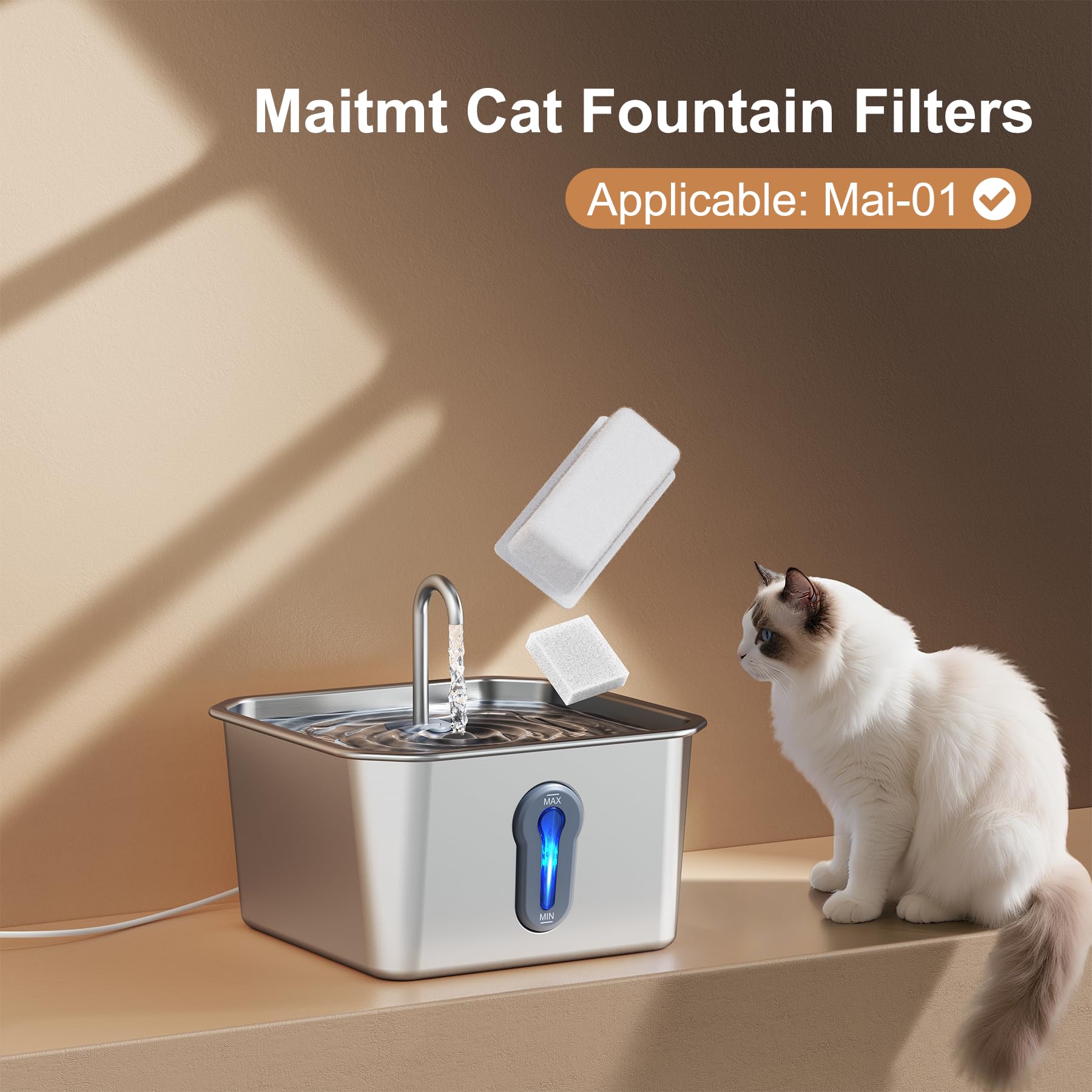 Maitmt Cat Water Fountain Filters - 12 Pack (8 Filters + 4 Sponges), Non-woven Fabric, White, Model Mai-01, 4 Months of Use
