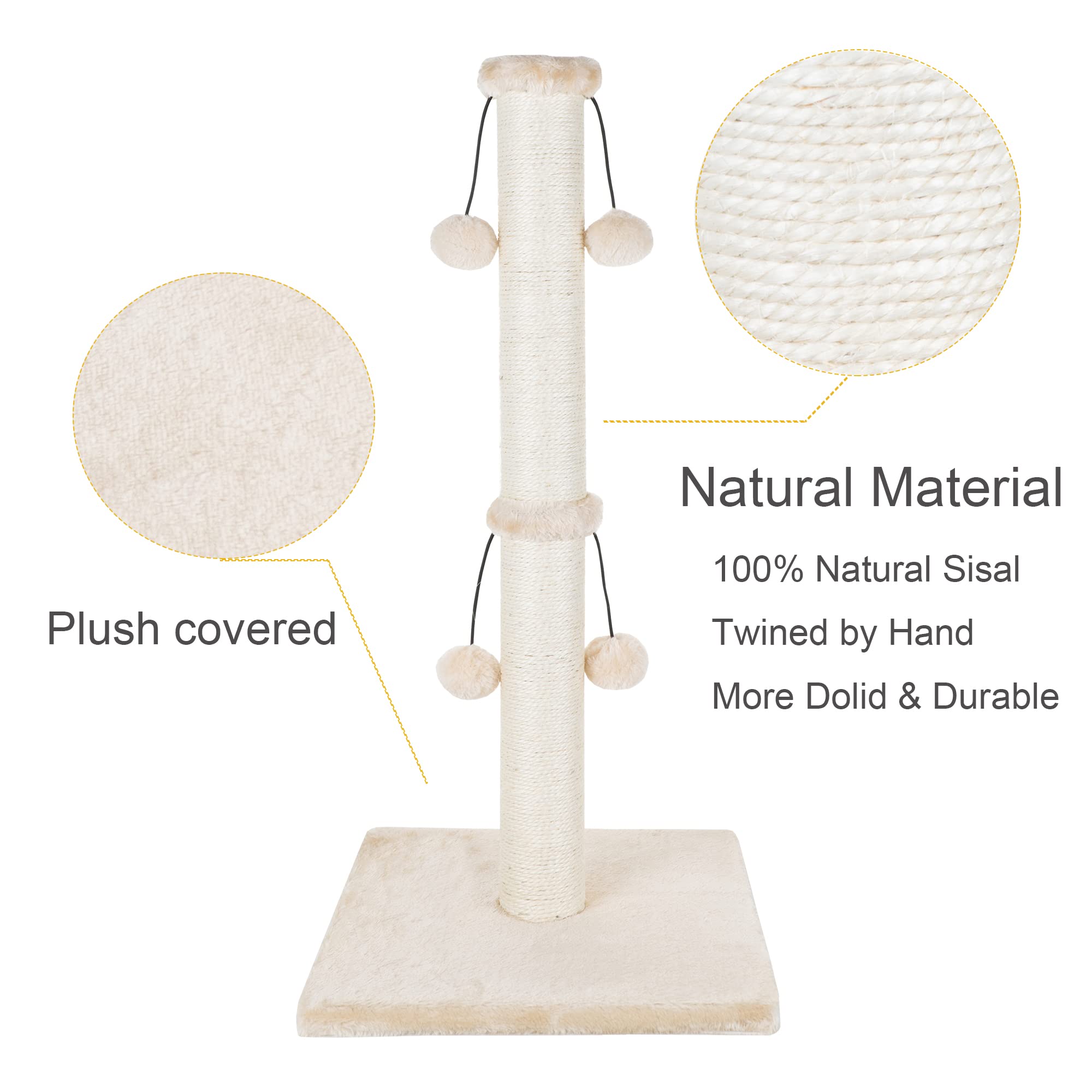 Dimaka 29'' Cat Scratching Post, Natural Sisal Rope Scratch Post With 4 Teasing Toy Balls For Large Cats (Beige)