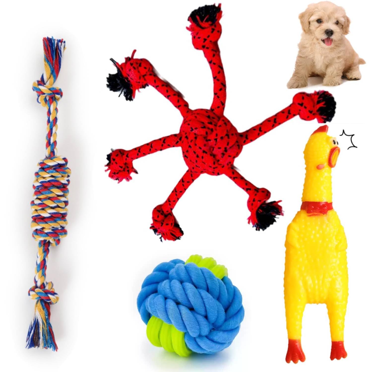 Youhavedeal 4In1 Dog Chew Toys Set For Puppies & Small Dogs | Interactive Rope Toys, Squeaky Rubber Chicken, Ball & Teething T