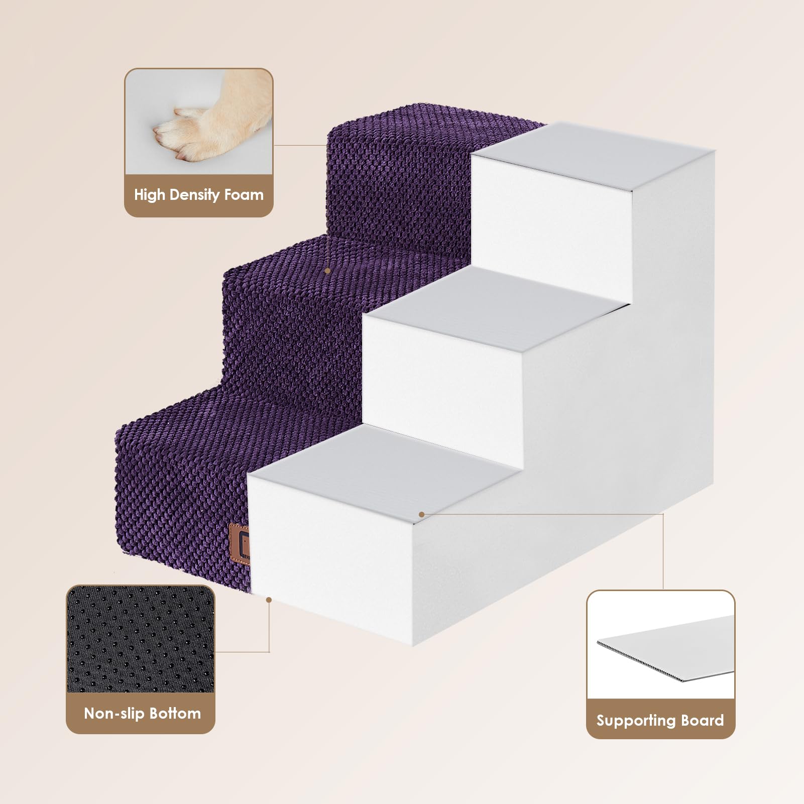Eheyciga Dog Stairs For Small Dogs 13.5' H, 3-Step Dog Steps For Couch Sofa And Chair, Pet Steps For Small Dogs And Cats, Non-Slip Balanced Dog Indoor Ramp, Purple