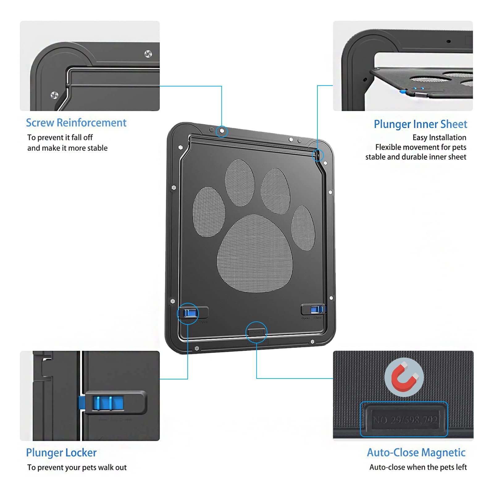 Ownpets Pet Screen Door,Inside Door 8X10X0.4 Inch,Lockable Magnetic Flap Screen Automatic Lockable Black Door For Puppy Dog And