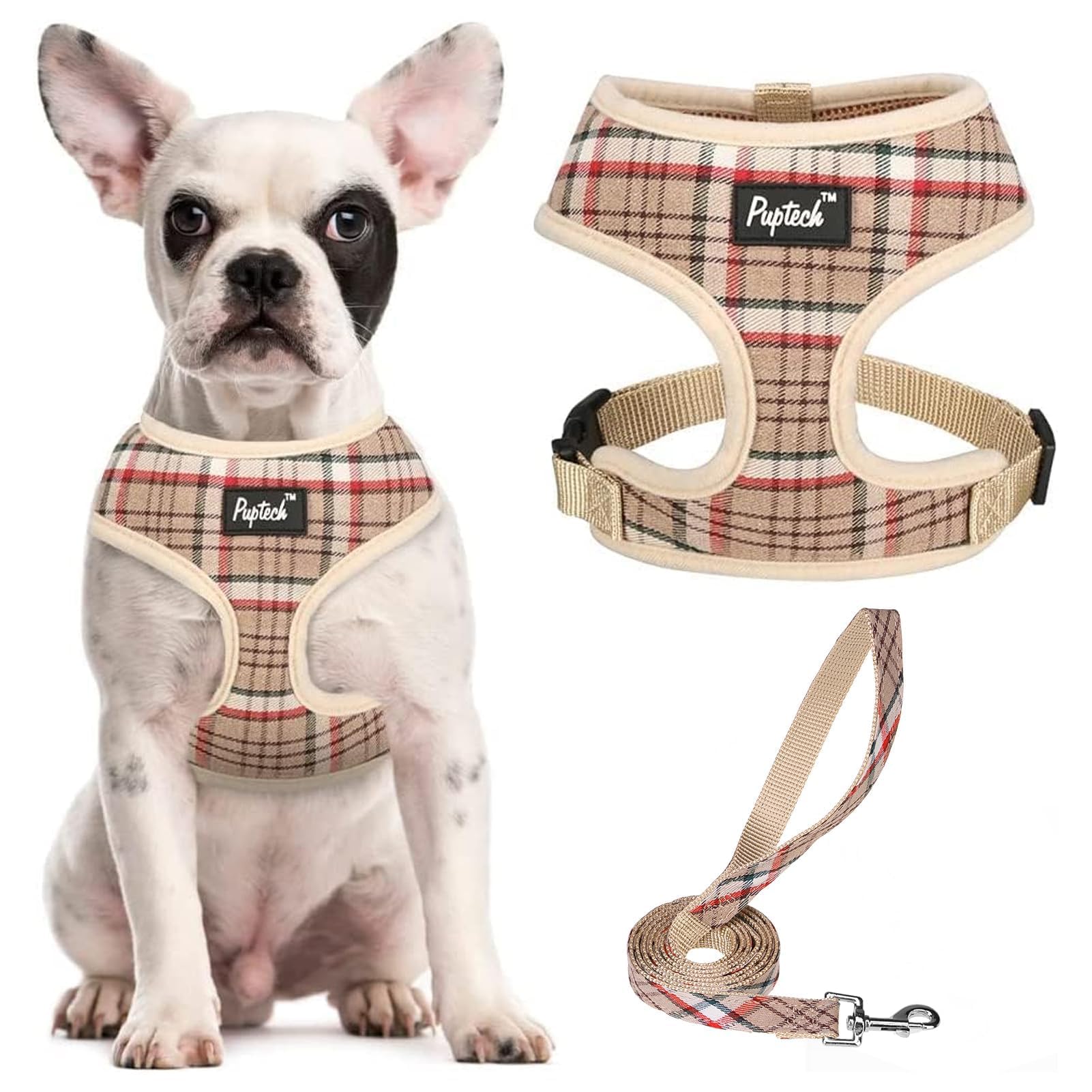 PUPTECK Soft Mesh Dog Harness and Leash Set Pet Puppy Cat Comfort Padded Vest No Pull Harnesses, Khaki, M