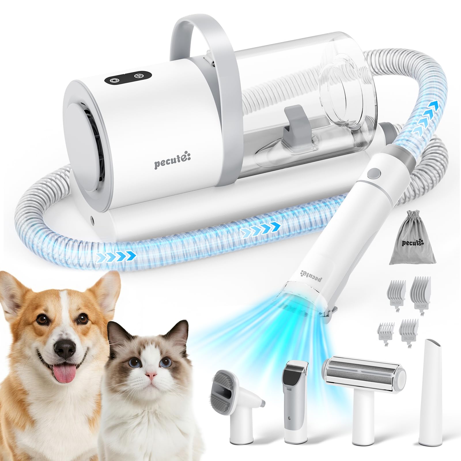Pecute Dog Grooming Vacuum, 4-in-1 Pet Grooming Kit with Clipper, Brush, 12000Pa Dog Vacuum for Shedding with 1.5L Dust Cup, Sto
