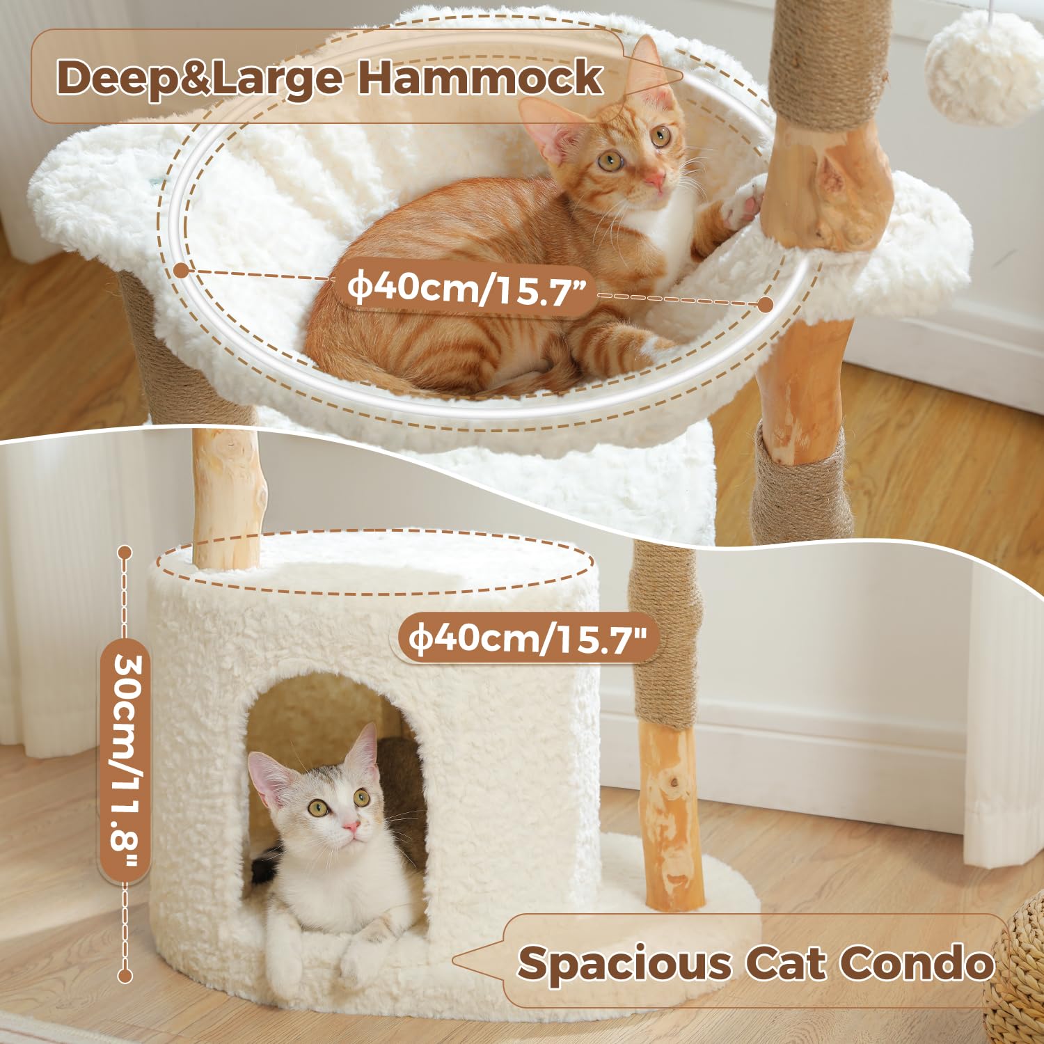 Pawz Road Modern Cat Tree With Natural Solid Wood Scratching Post, 40 Inches Cat Tower With Spacious Wicker Basket,Large Hammock