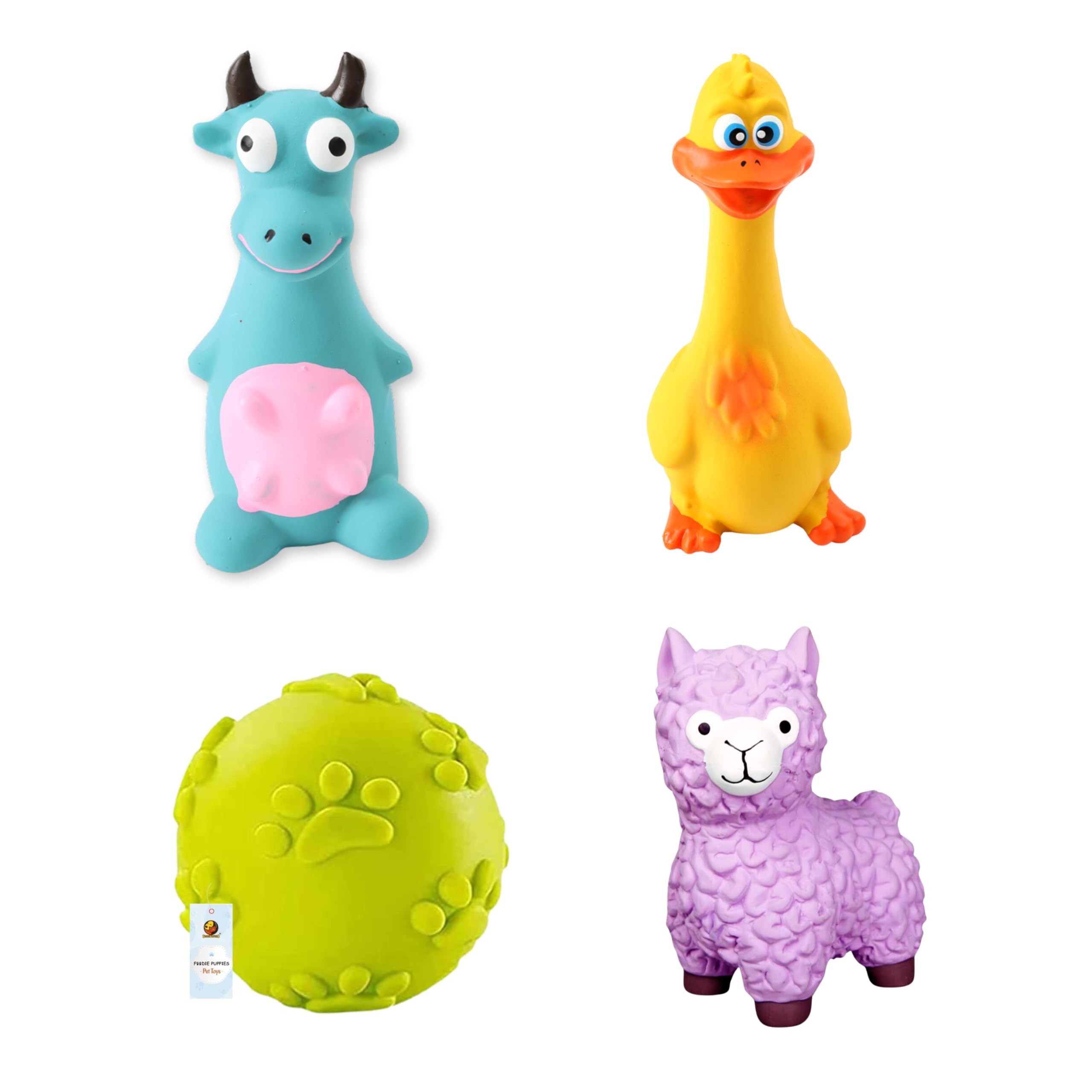 Foodie Puppies 4In1 Combo Of Latex Dog Squeaky Toy (Pink Sheep, Yellow Duck, Blue Bull & Claw Ball) For Small Dogs & Puppies |