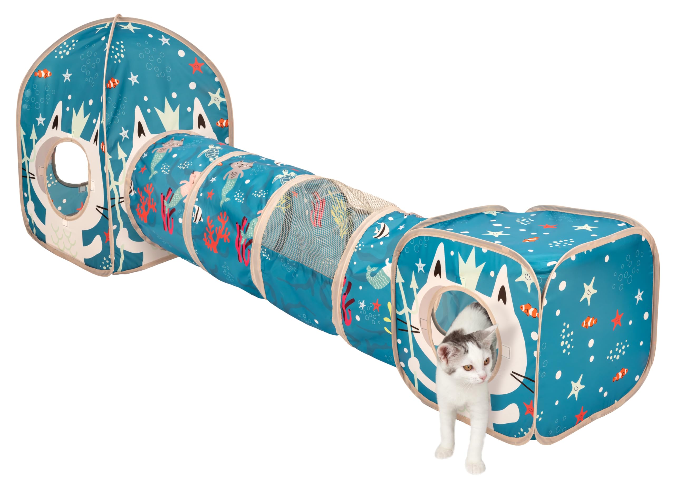 Kitty City Ocean-Themed Cat Play Furniture Set, Collapsible Pop-Up Cat Toys Combo with Cube, Tunnel & House, Indoor Cat Playgrou