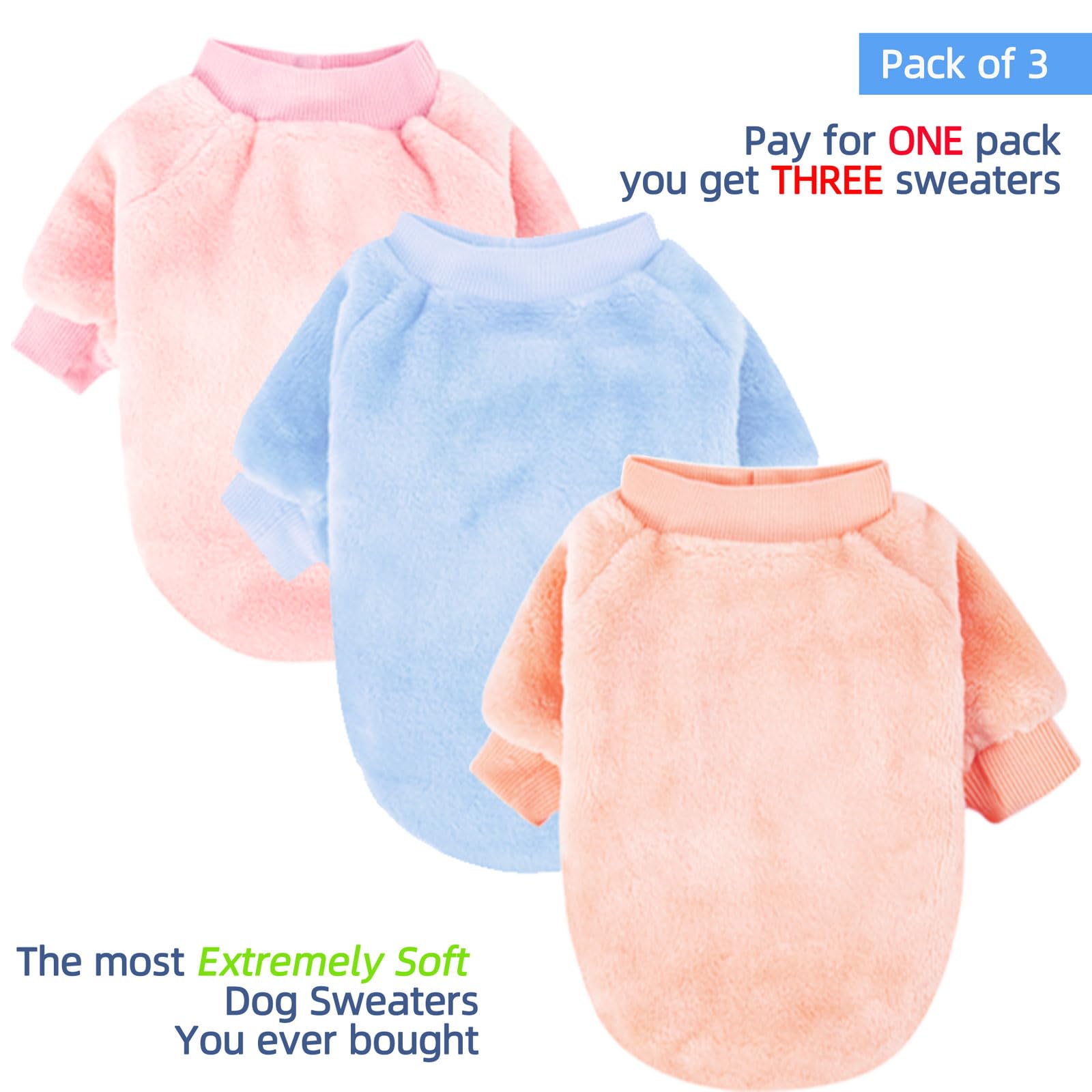 Fabricastle Dog Sweaters, 3-Pack Dog Clothes For Small Female Dogs & Cats, Soft And Warm Pet Coats Xxs - Xl, Winter Pet Jackets,