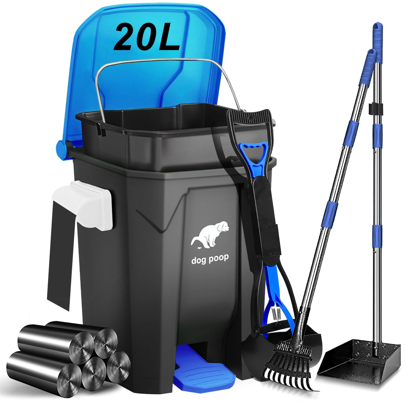 Uppcasir Dog Poop Trash Can Outside With Pooper Scooper And Metal Rake & Tray, 20L/5Gal Dog Waste Trash Can With Lid, Pedal And 