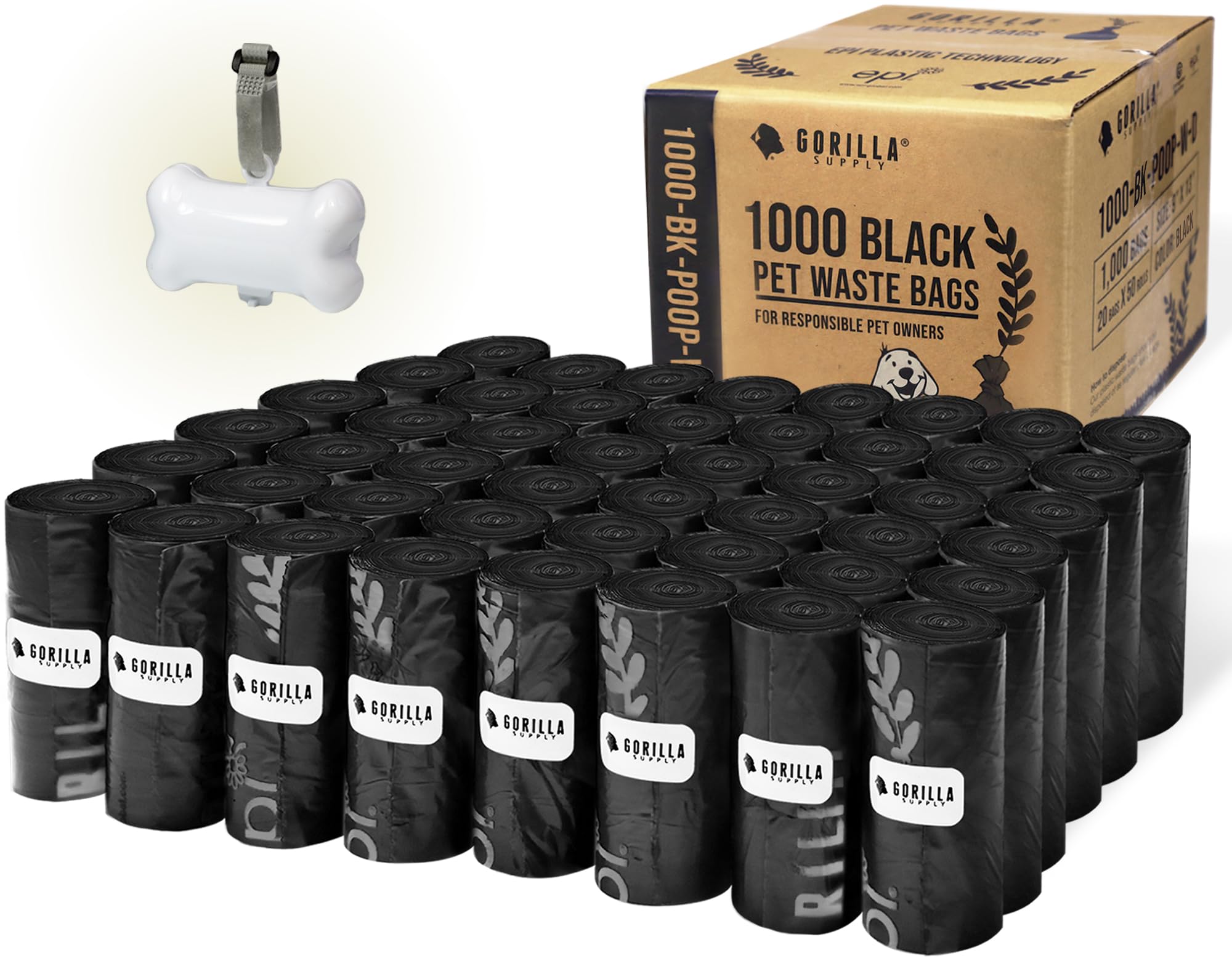 GORILLA SUPPLY Dog Poop Bags with Dispenser, 1000 Count, 9" x 13", Black, Plastic