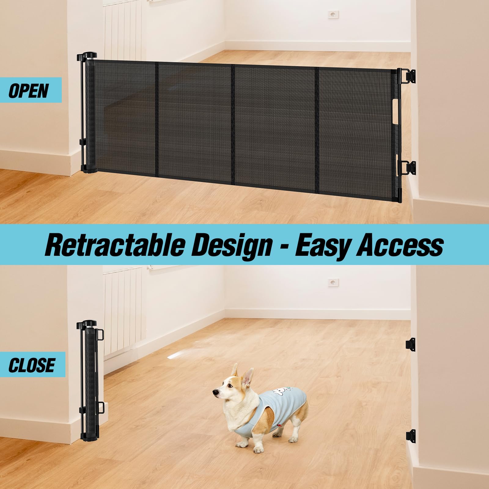Borthmiu 24 Tall Retractable Baby Gate - 55 Wide, Reinforced Mesh Dog Gate for Kids & Pets, Black, Easy Step Over Design
