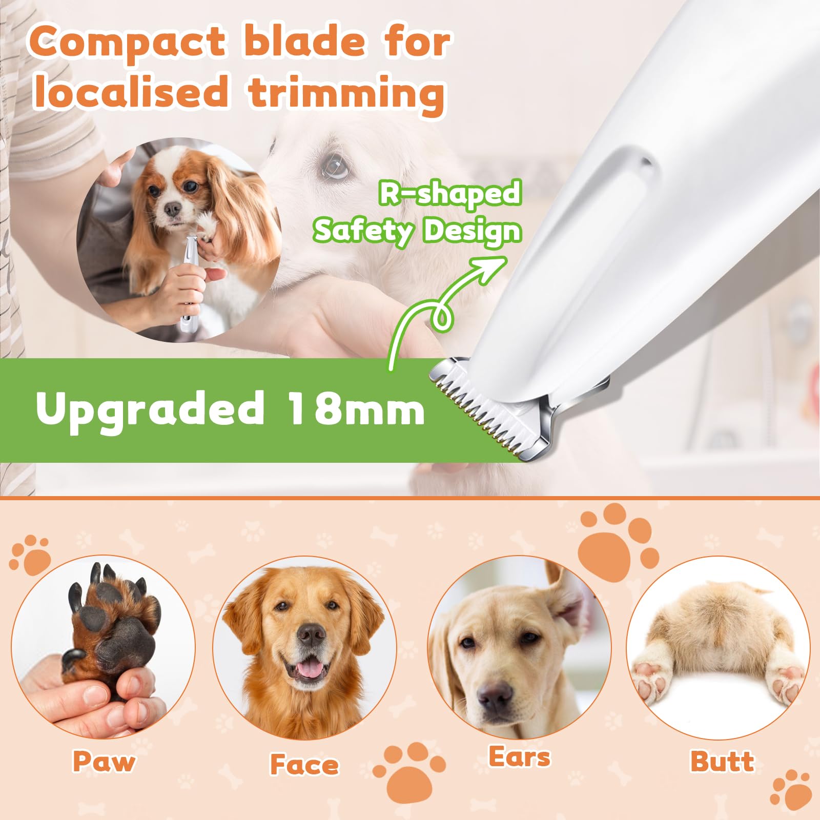 Hvsotv Dog Paw Trimmer With Led Light, 18Mm Widen Blade, 35Db Low Noise, Led Display, Fully Waterproof, Usb Rechargeable Pet Hai