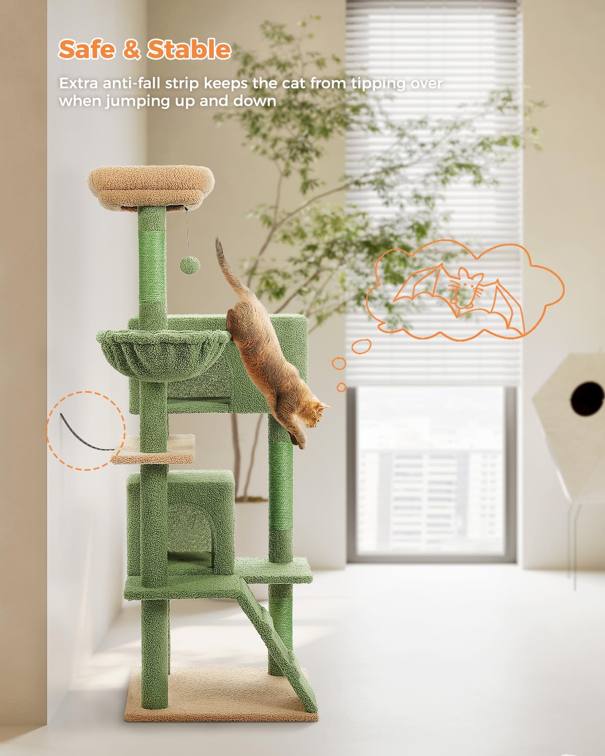Muttros Cactus Cat Tree For Adult Cats With Super Large Top Perch, 56.3'' Cat Tower For Cats With Plush Hammock, Dangling Pompom