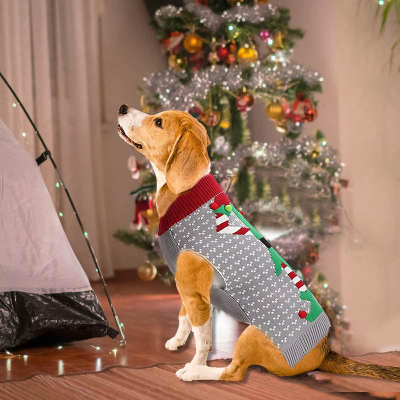 Axiijgl Dog Christmas Costume - Elf Outfit For Small Dogs, Gray Pullover With Leash Hole