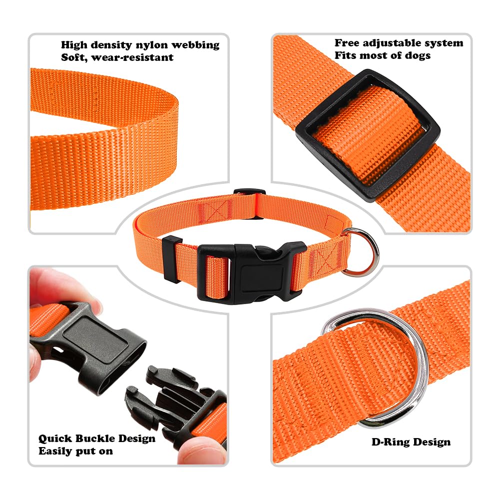 PENSEEPET Dog Collar Orange Basic Adjustable Dog Collars with Breathable Quick Release Nylon Pet Collar for Puppy Small Medium L