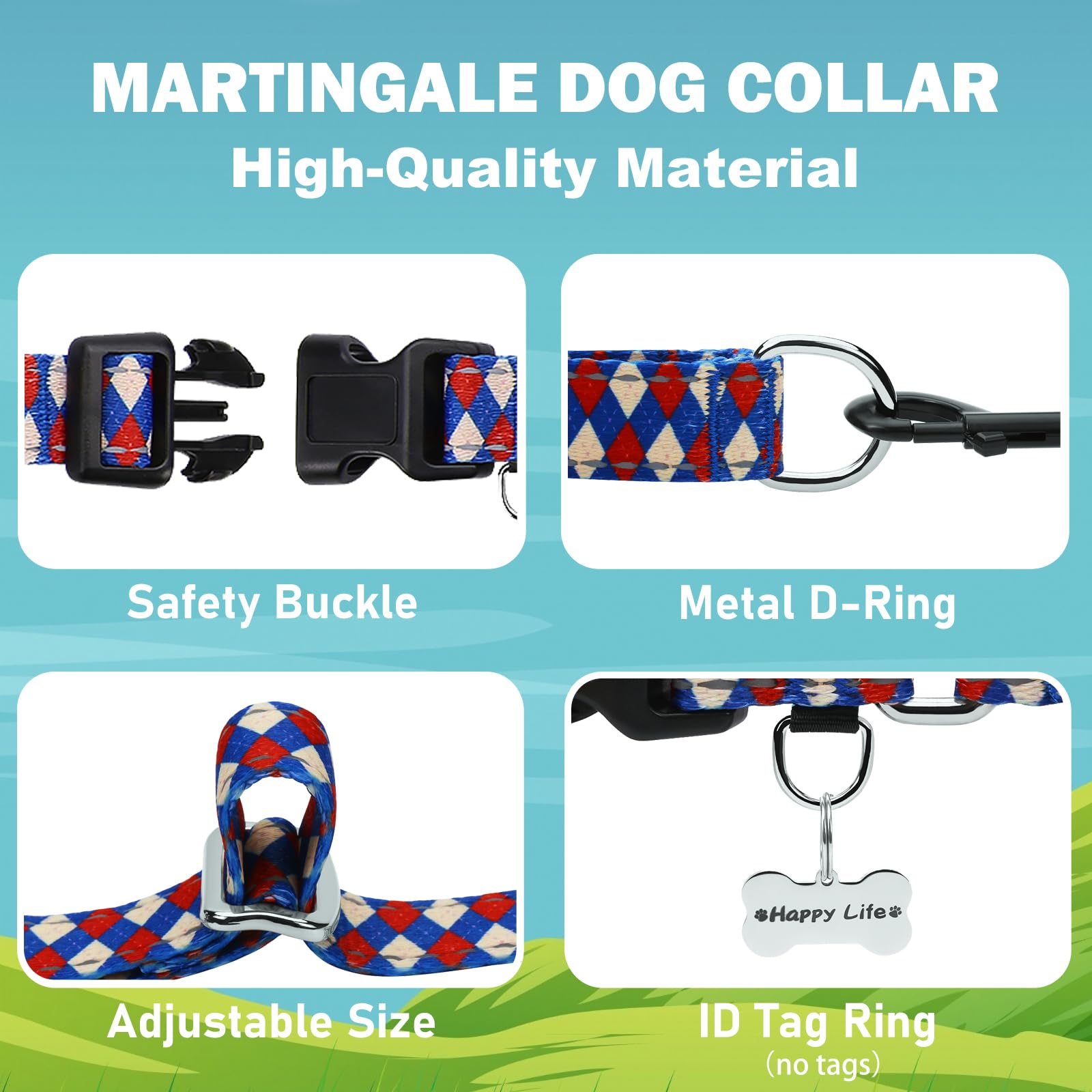 Fidohug Reflective Martingale Dog Collar With Buckle Soft Nylon Geometric Patterns Pet Collars For Medium Dogs (Argyle, M)