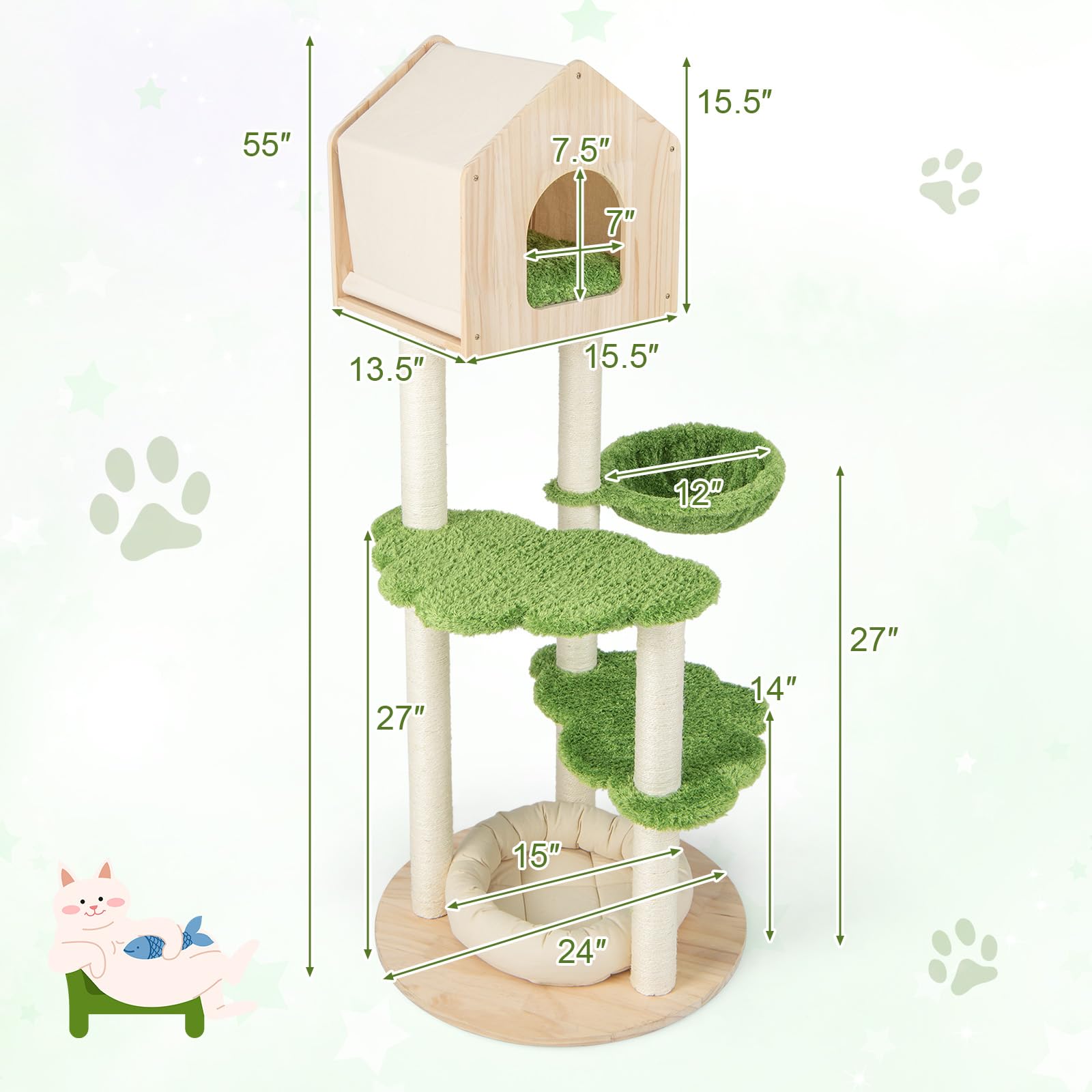 Tangkula Cat Tree Tower, Multi-Level Modern Wood Cat Tower With Sisal Scratching Posts, Jumping Platforms, Perch, Hammock, Cute Cat Condo, Tall Cat Tree For Indoor Cats Large Adult (55 Inch)