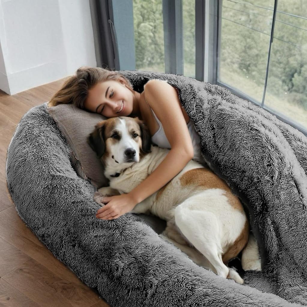 Human Dog Bed For Adults And Pets, 72''X46''X9'' Extra-Large Comfortable Bed With Storage Pocket And Soft Blanket, Washable And