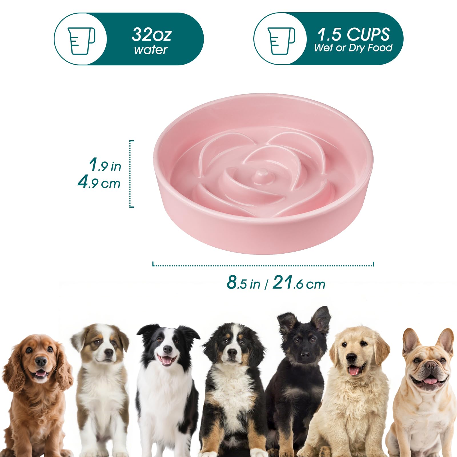 vancasso Slow Feeder Dog Bowl, 1.5 Cups Ceramic Slow Feeder for Medium Breed, Puzzle Maze Food Dog Bowl for Fast Eater, Pink