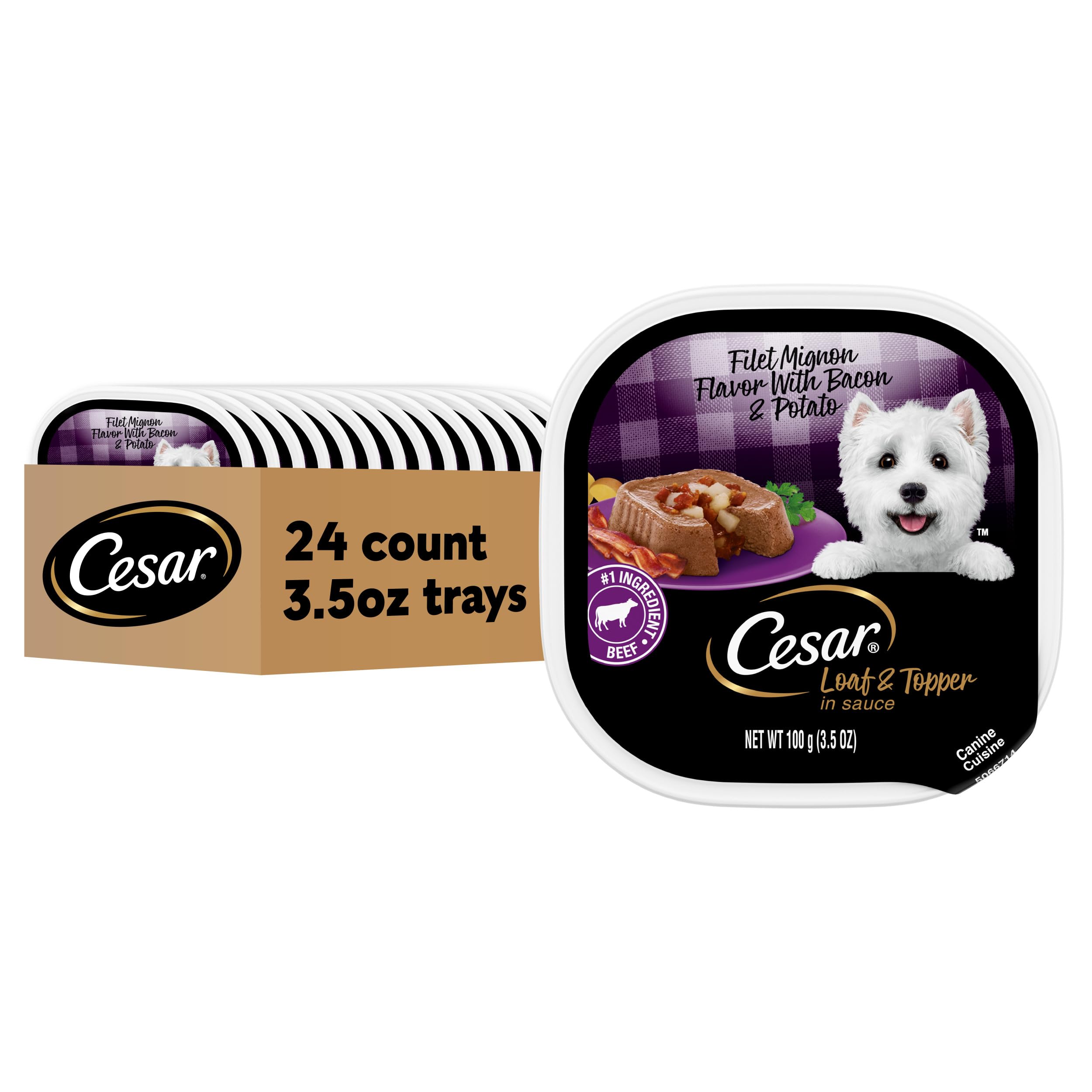 Cesar Wet Dog Food Loaf & Topper in Sauce, Filet Mignon Flavor with Bacon & Potato, 3.5 oz. Easy Peel Trays (24 Count, Pack of 1