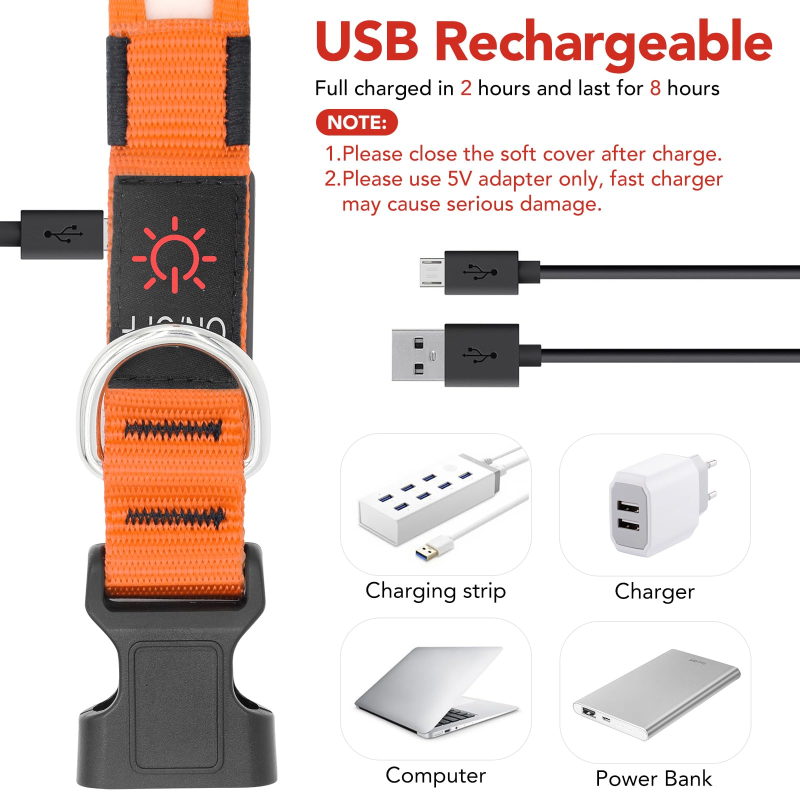Vizpet Led Dog Collar, Light Up Dog Collar Adjustable Usb Rechargeable Super Bright Safety Light Glowing Collars For Dogs(X-Large,Orange)