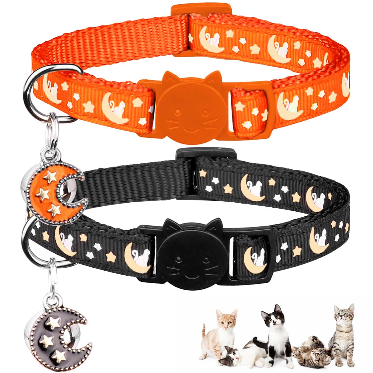 2Pcs Breakaway Cats Collars Cat Collars For Boy & Girl Cats Adjustable Kitten Collars With Bell,Black+Tangerine,8''-13.1''