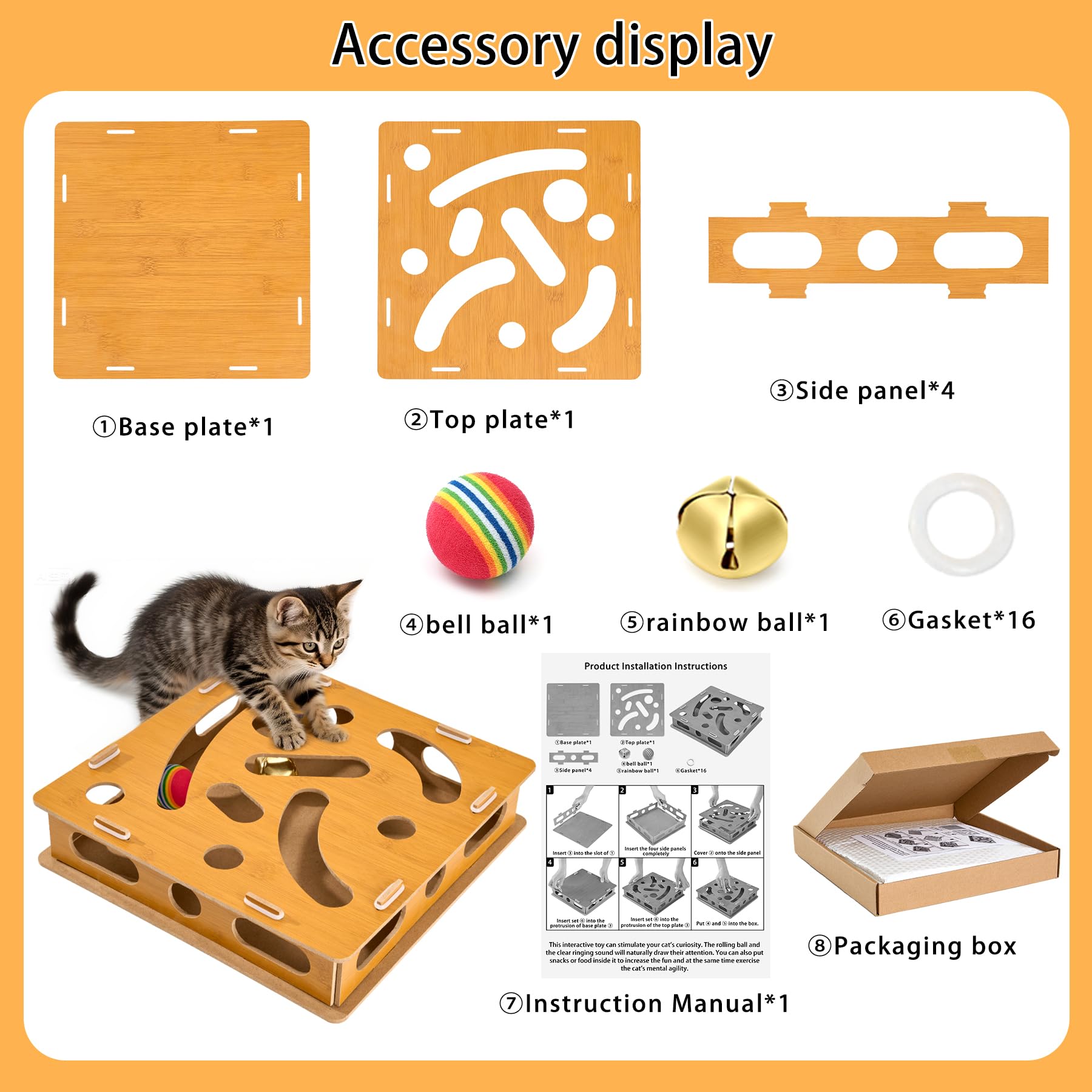 Bininl Interactive Wooden Cat Puzzle Toy with Ball and Bell,Indoor Hunting Play Toy to Stimulate Your Cats Energy and Instincts,