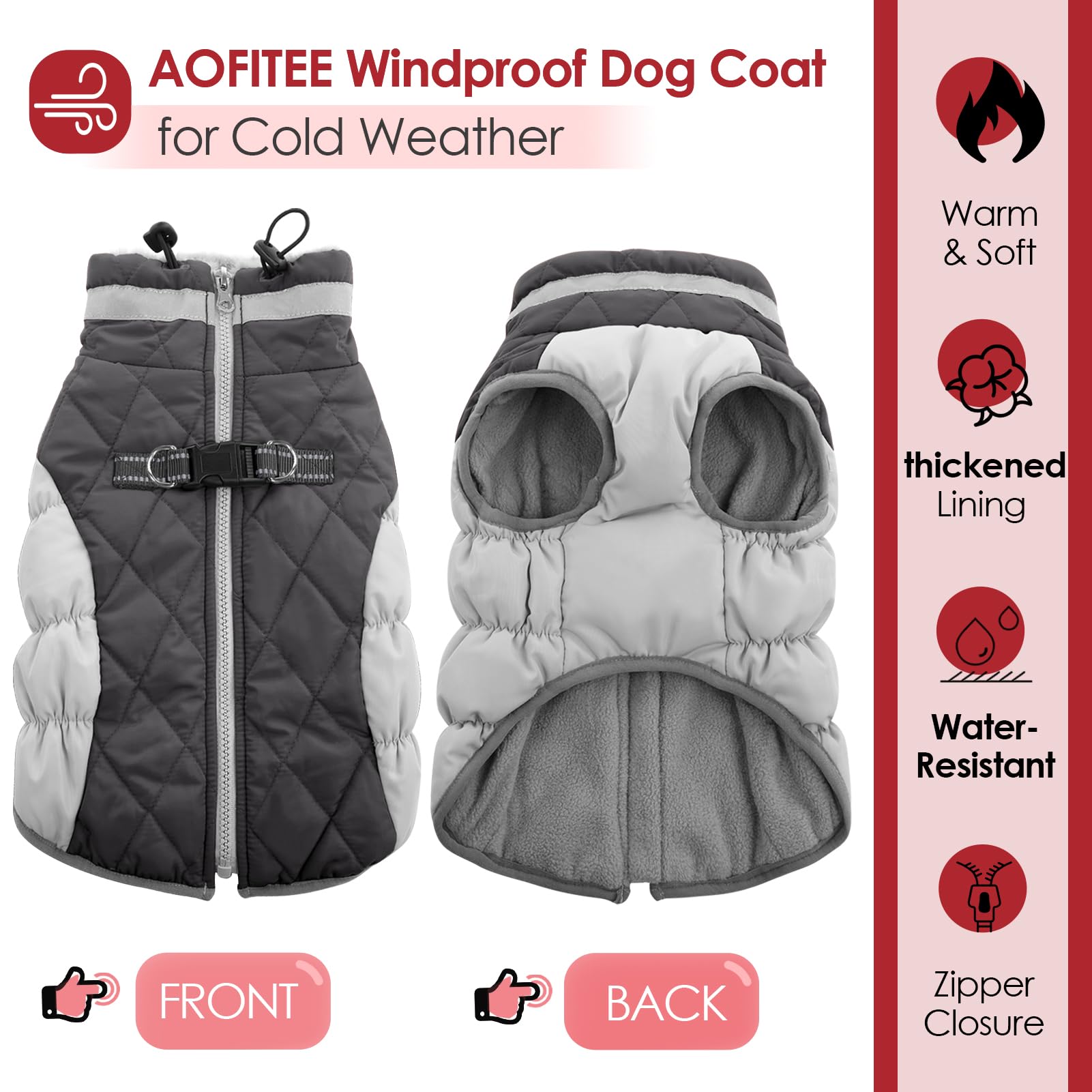 Aofitee Dog Coat, Warm Dog Jacket Dog Winter Coats, Reflective Turtleneck Dog Fleece Vest With Harness Built In, Waterproof Wind