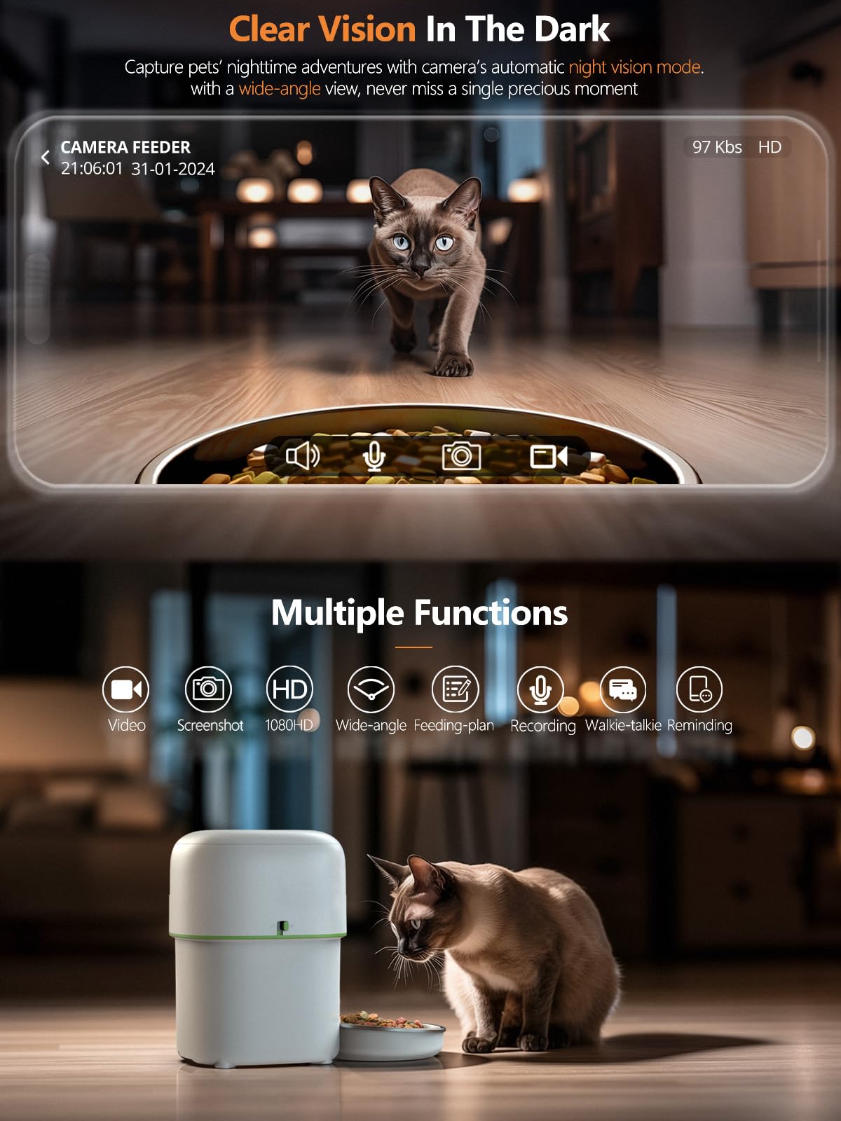 Automatic Cat Feeder with Camera - 5G WiFi Auto Cat Food Dispenser, 1080P HD Video with Night Vision, 1-15 Meals, 1-99 Portions,