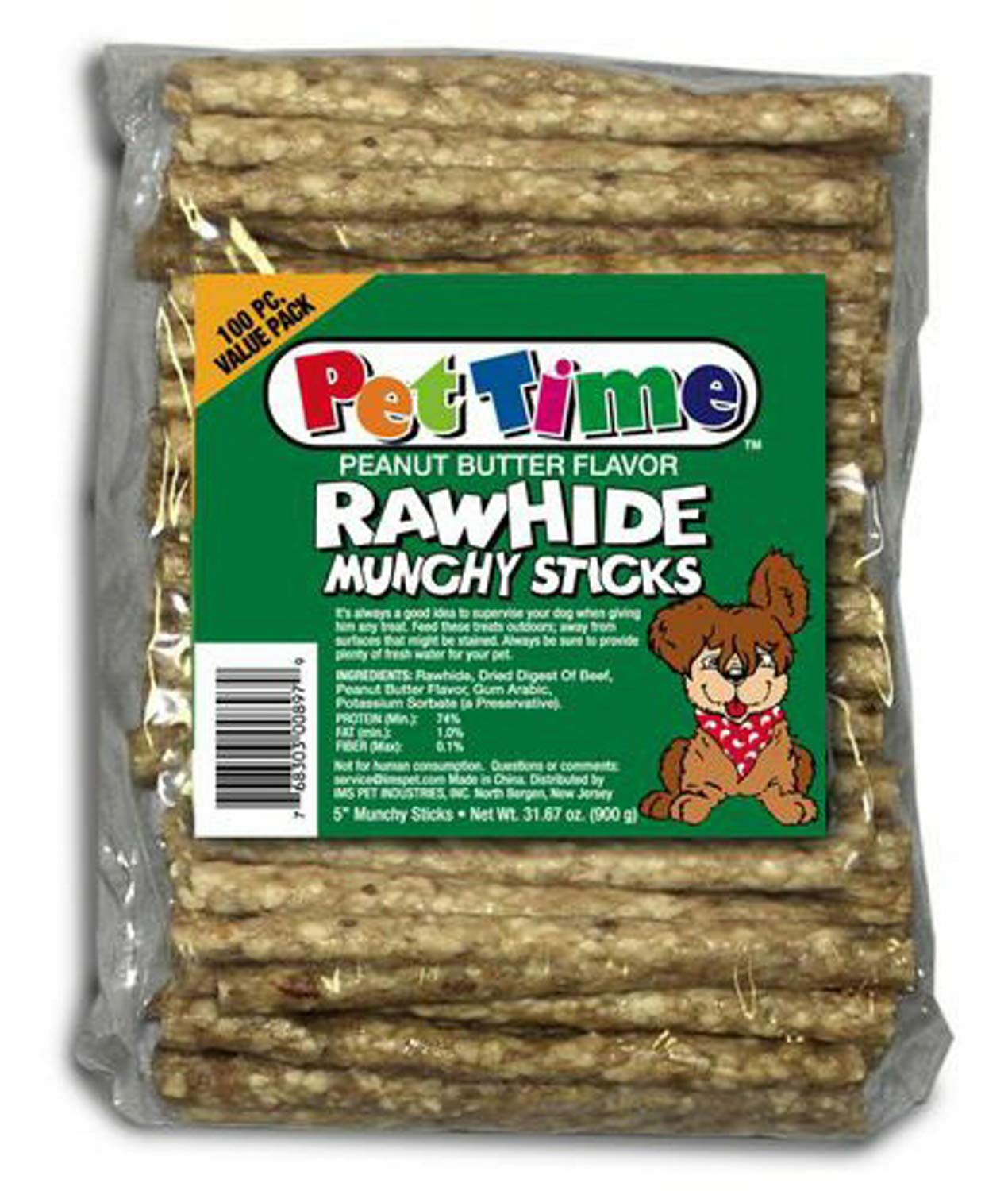 Cadet Premium Grade Rawhide for Dogs, Long-Lasting Munchy Sticks, Single-Ingredient Dog Chews, Peanut Butter Flavor, 5-Inch, 100