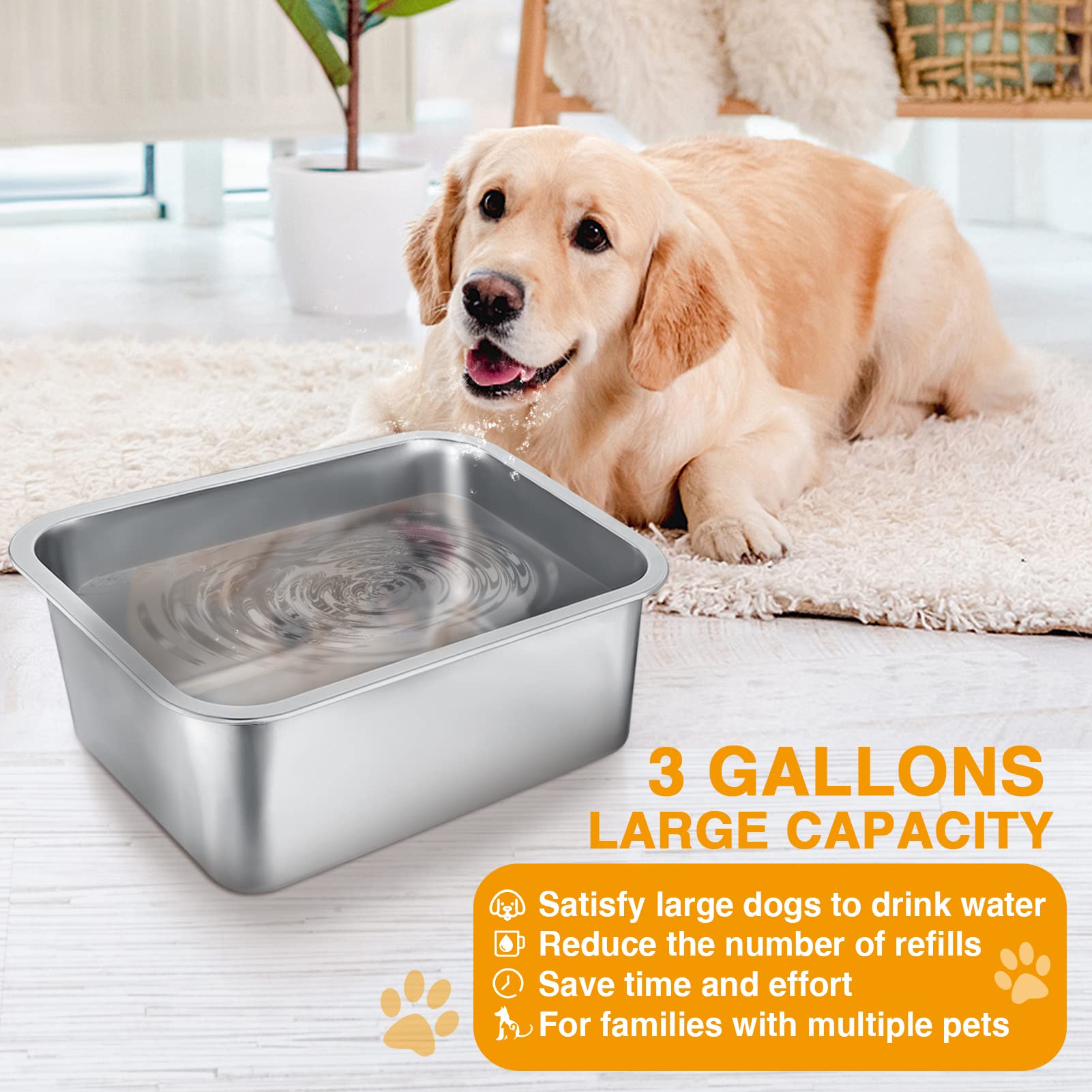 3 Gallons Extra Large Dog Water Bowl - Durable Stainless Steel Dog Bowl, Safe High Capacity For Large, X-Large Breed Dogs Indoor