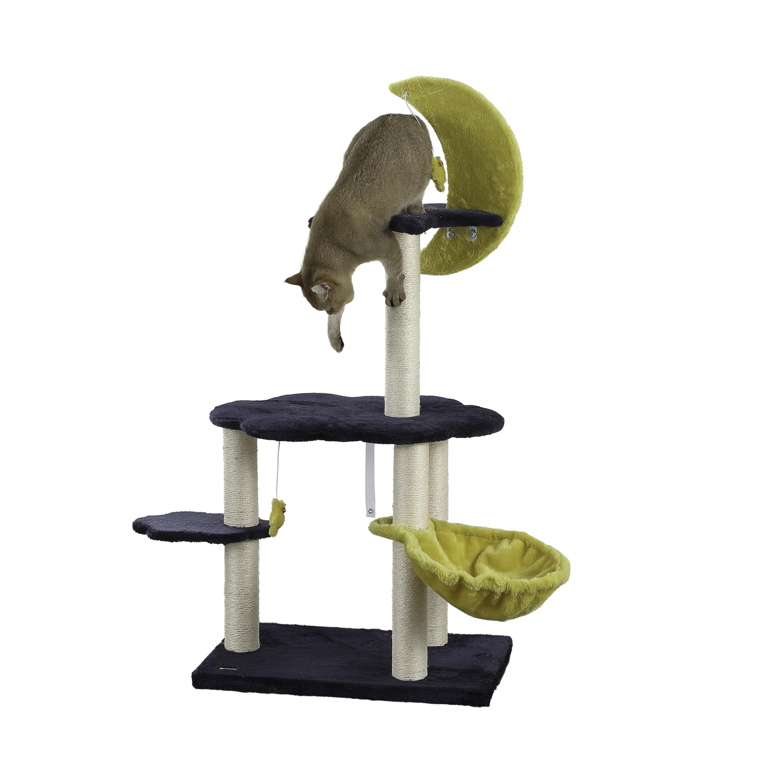 The Licker Store Ctr1003A Aurora 49'' 3-Tier Modern Sisal Moon And Stars Cat Tree With Scratching Posts, Basket, And Fuzzy Bell 
