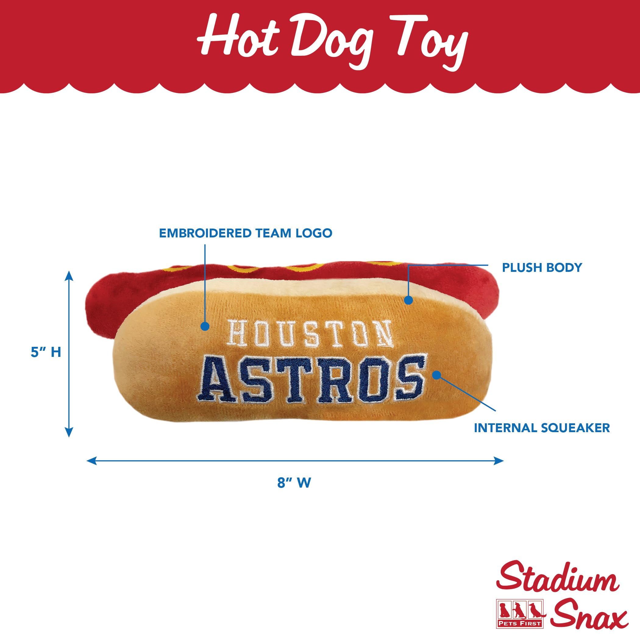 Mlb Houston Astros Plush Dog Toys - Stadium Theme Snacks - Cutest Plush Hot-Dog Toy For Dogs & Cats With Inner Squeaker & Premiu