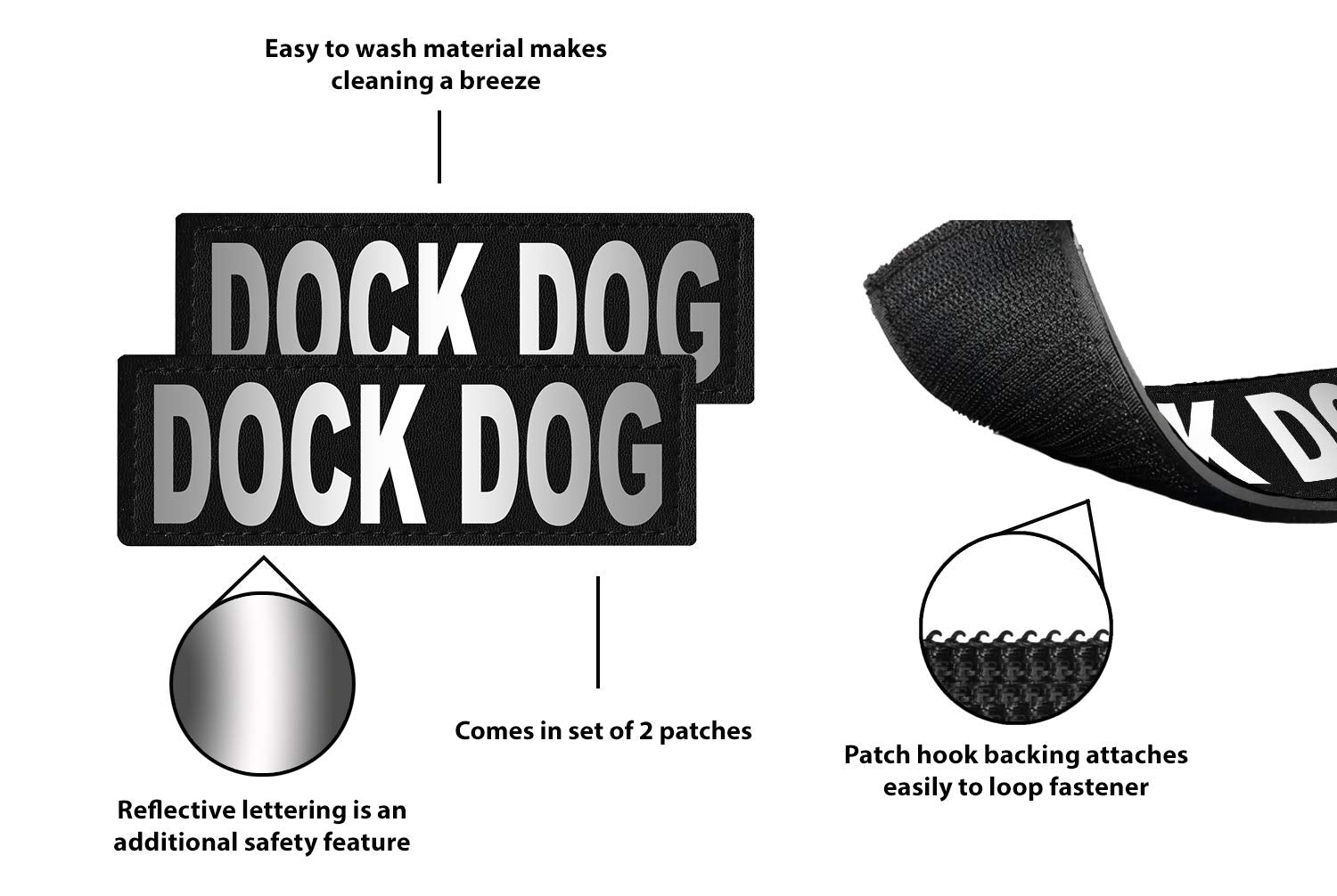 Dogline Dock Dog Vest Patches – Removable Dock Dog Patch 2-Pack With Reflective Printed Letters For Support Dog Vest Harness Collar Or Leash Size C X-Large (2' X 6')
