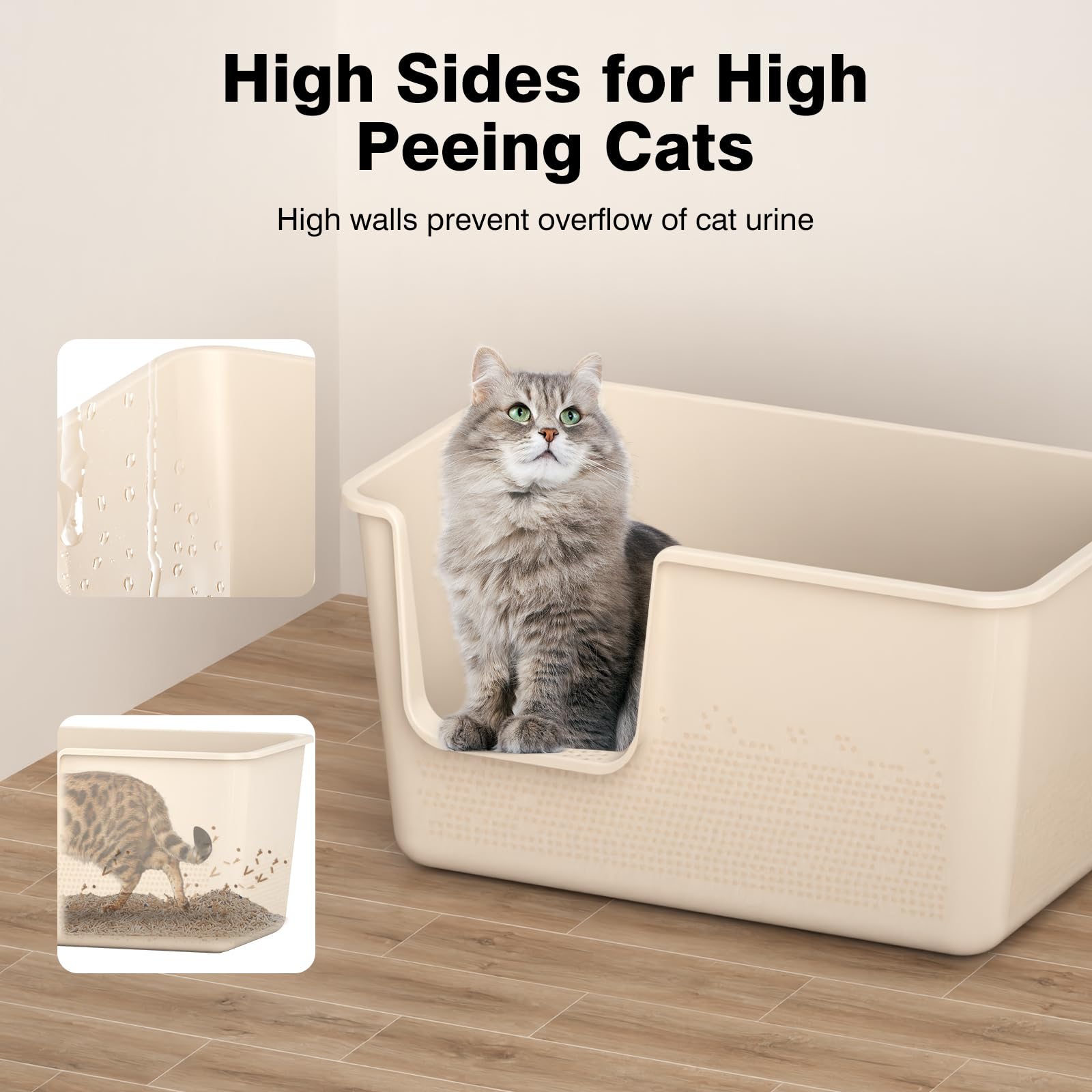 SpaceTime Extra Large High Sided Cat Litter Box, 24.8" L x 11.4" W x 13" H, Beige, Tool-Free Assembly, Model ST1