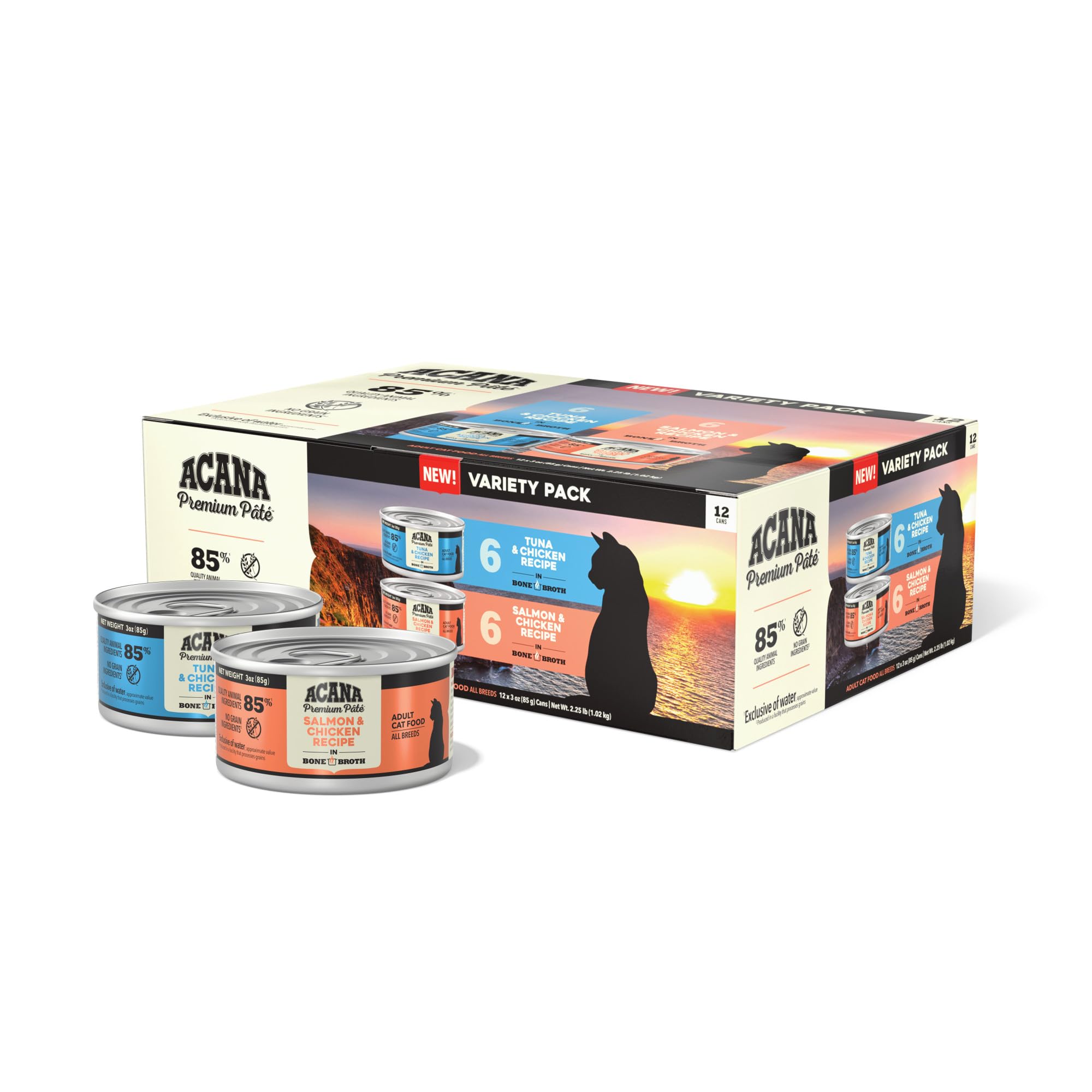 ACANA Premium Pate Wet Cat Food in Bone Broth Variety Pack: Salmon & Chicken + Tuna & Chicken Recipes 3oz Cans (12 Count, 6 of E