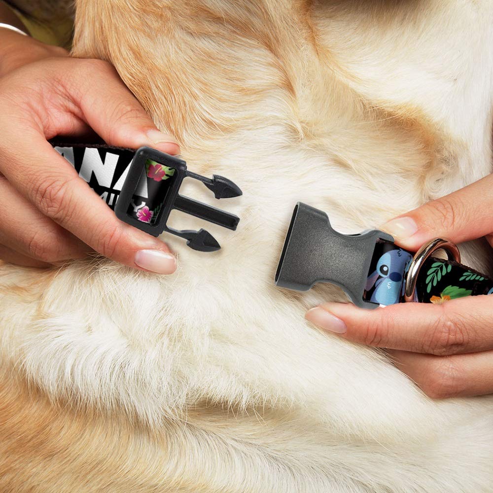Buckle-Down Plastic Clip Collar - Ohana Means Family/Stitch & Scrump Poses/Tropical Flora Black/White/Multi Color - 1' Wide - Fits 15-26' Neck - Large