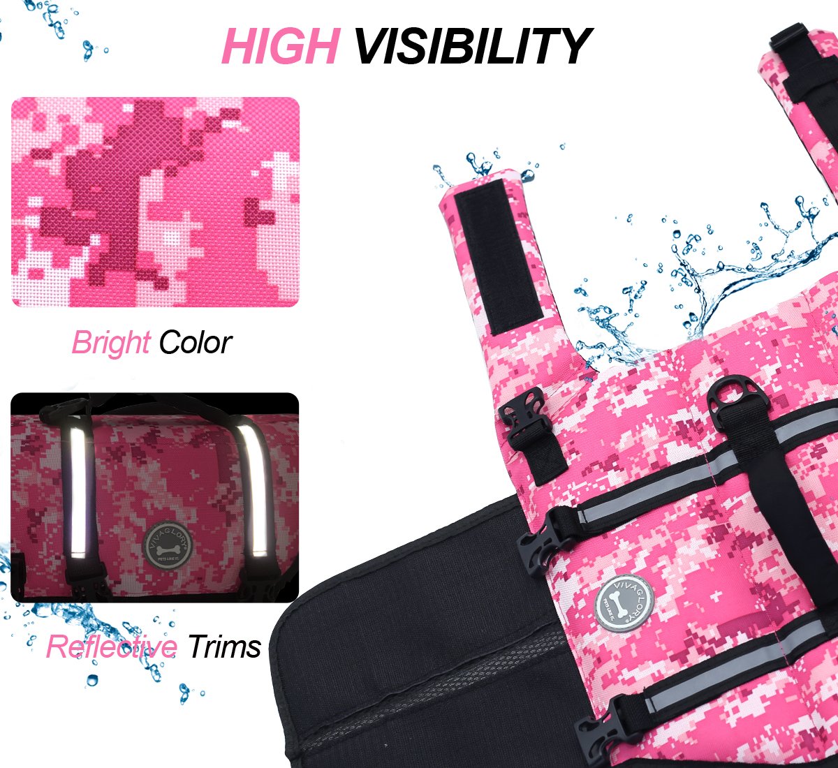 Vivaglory Ripstop Dog Life Jacket For Boating, Dog Lifejackets Swimming Vest Enhanced Visibility Buoyancy Safety, Camo Pink, S
