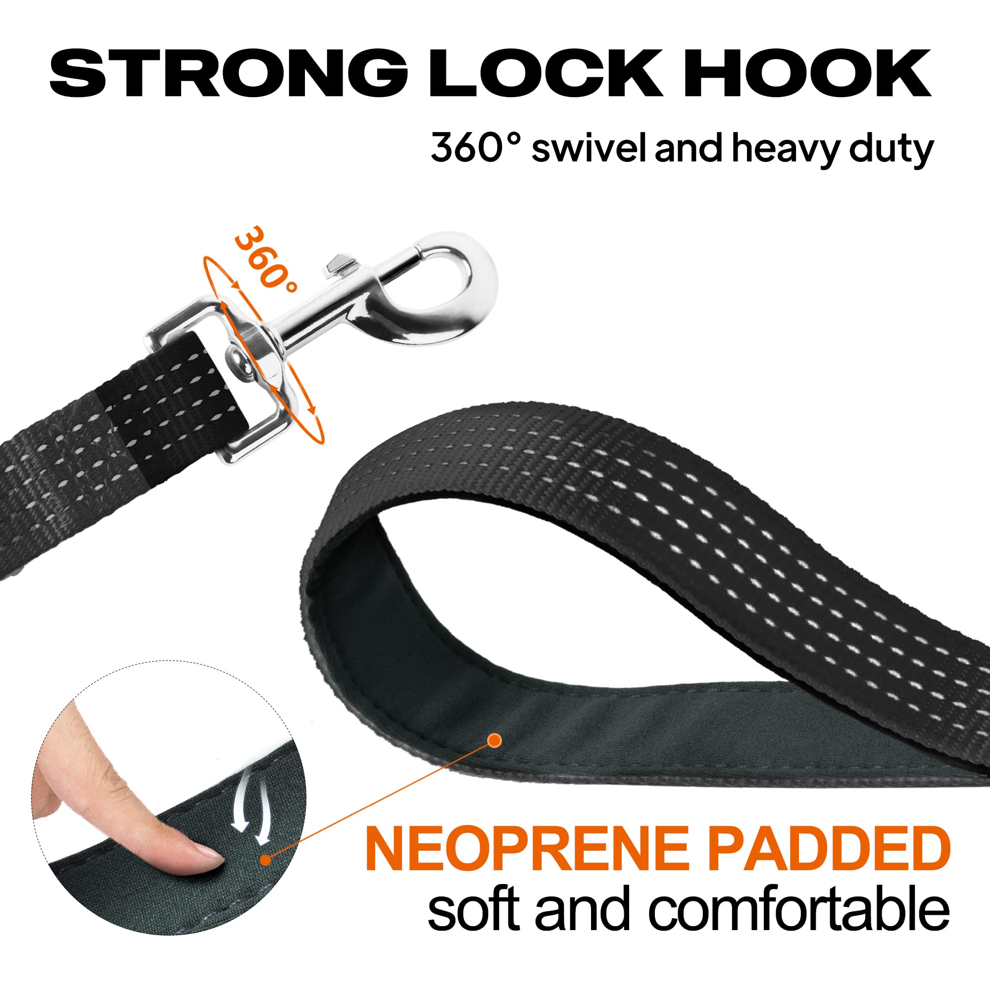 TwoEar 6FT Reflective Dog Leash, Heavy Duty Nylon with Padded Handle, Black for Small, Medium, and Large Dogs