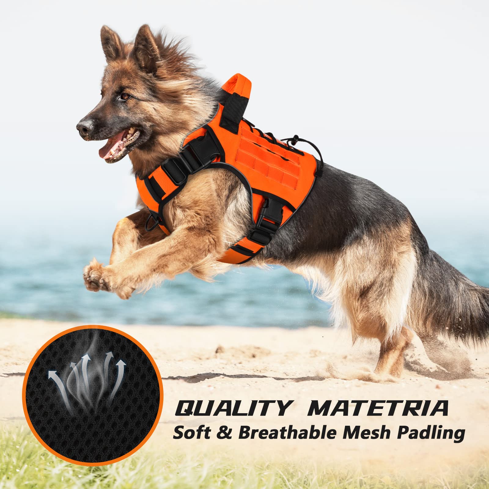 Wingoin Orange Tactical Dog Harness Vest For Large Dogs No Pull Adjustable Reflective Military Pet Harness With Handle For Golden Retriever, Doberman Pinscher, Rottweiler, Great Dane Service Dog (Xl)