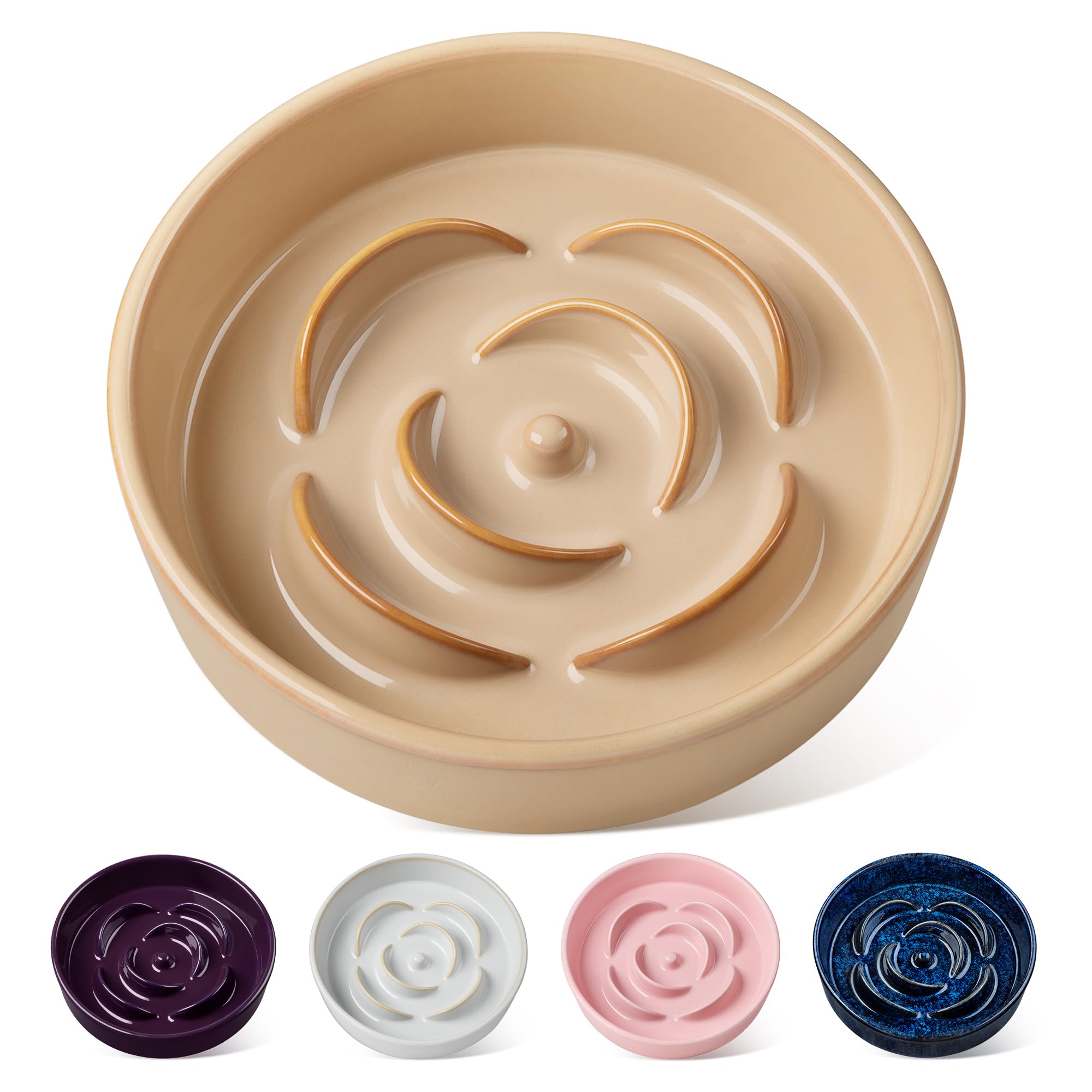 vancasso Slow Feeder Dog Bowl, 1.5 Cups Ceramic Slow Feeder for Medium Breed, Puzzle Maze Dog Food Bowl for Fast Eater, Khaki