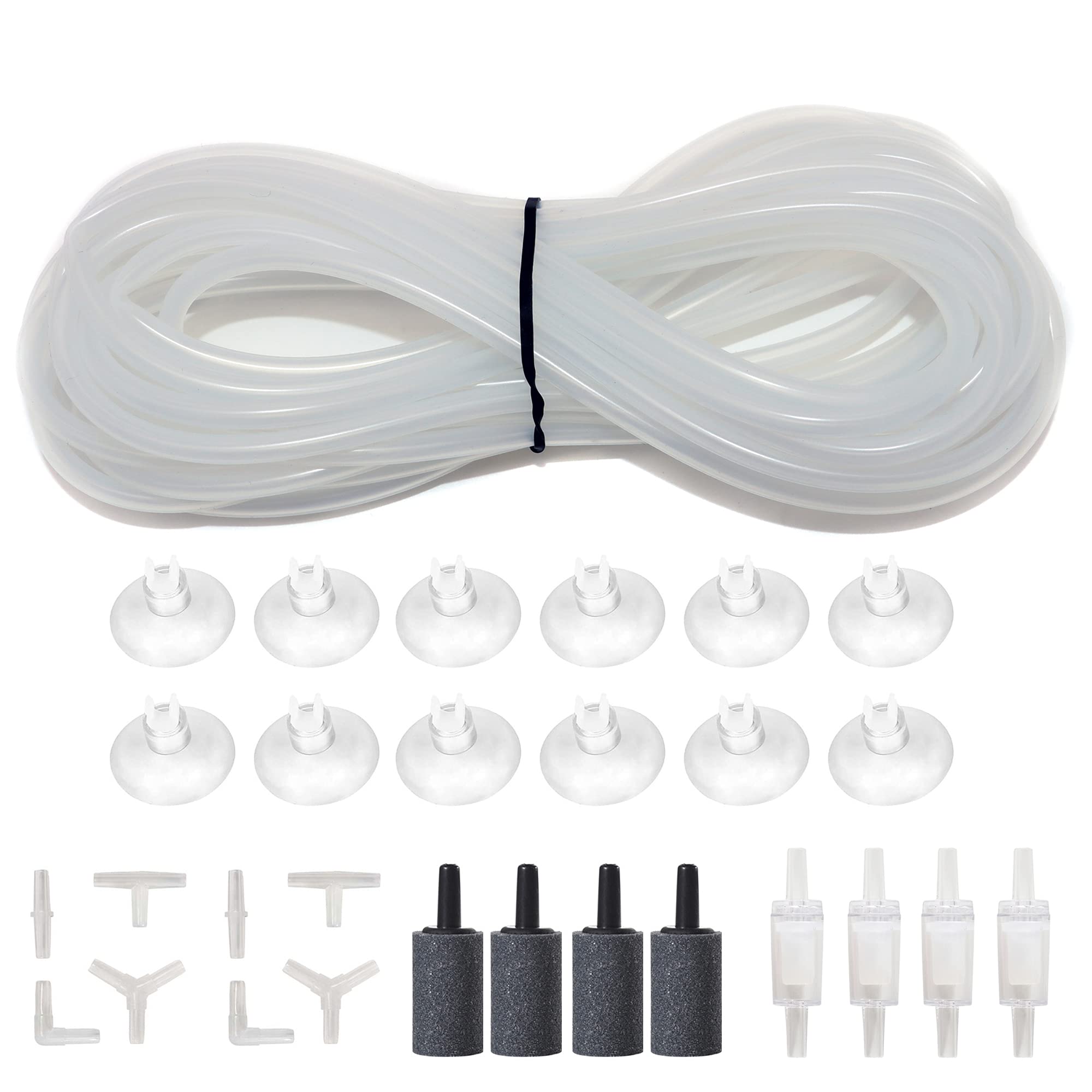 Alegi 25 Feet 3/16 Inch Standard Aquarium Silicone Airline Tubing With Air Stones, Check Valves, Suction Cups And Connectors For Fish Tank, Hydroponics (Semi-Transparent)
