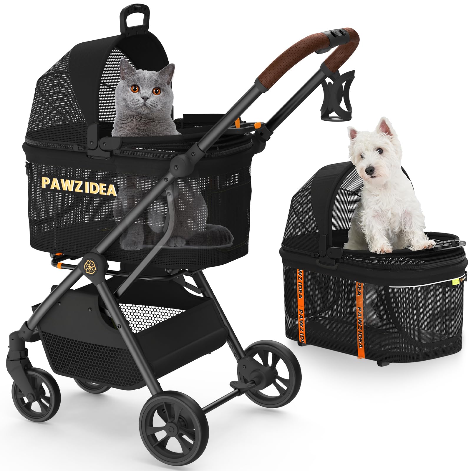Pawzidea Dog Stroller 4 In 1, Pet Stroller For Cats With Detachable Carrier For Small/Medium Dogs/Cats, Seatbelt Car Seat Combo,