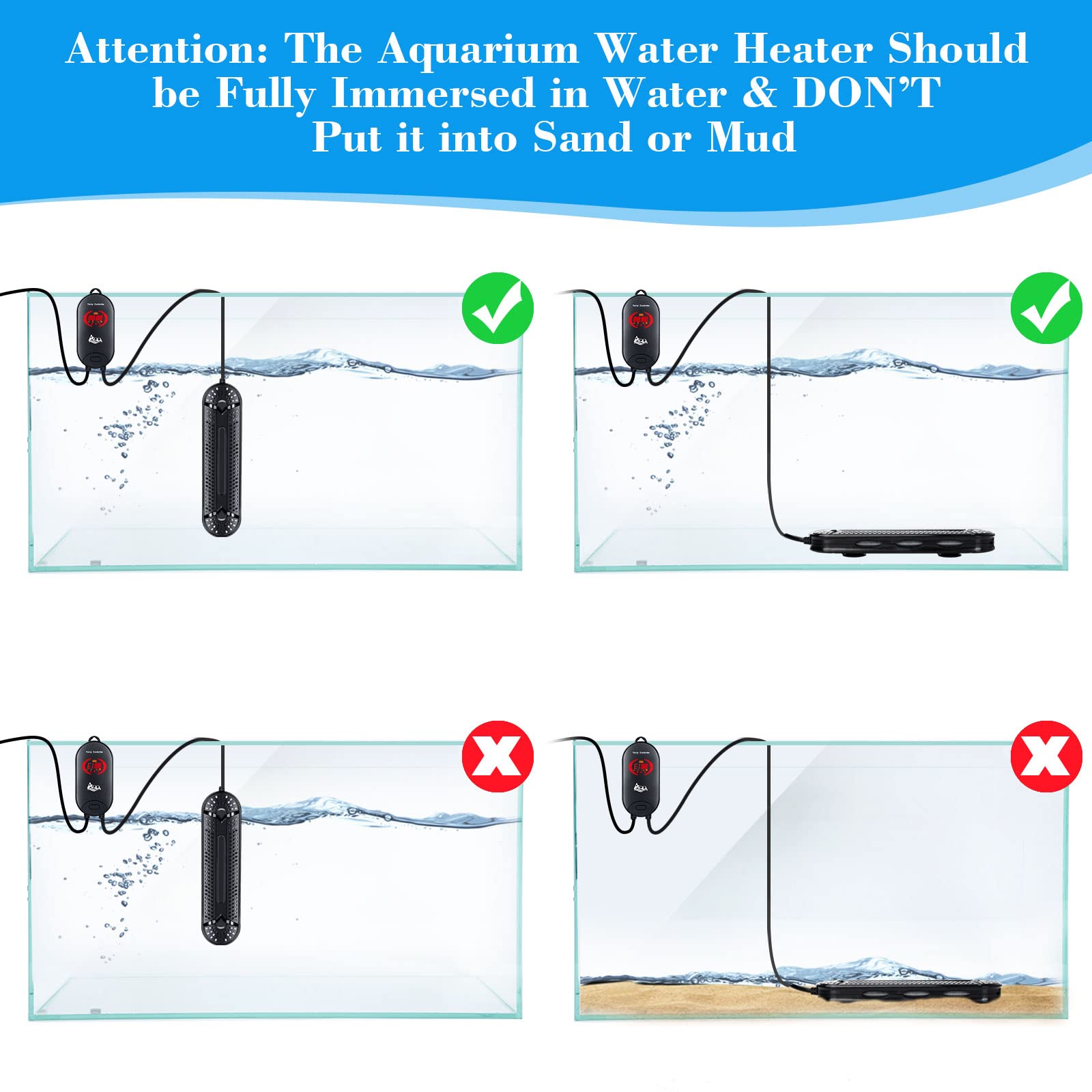 AQQA 800W Submersible Aquarium Heater for 80-220 Gallon Fish Tanks - Ideal for Freshwater & Saltwater, Model GUS-AQ029